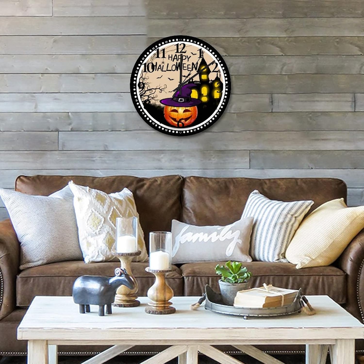15 Inch Happy Halloween Pumpkin Hunted House Wood Wall Clocks Quartz Analog Quiet Jack O'Lantern Pumpkin with Witch Hat Modern Wall Clock Arabic Numeral Round Clock for Home Office