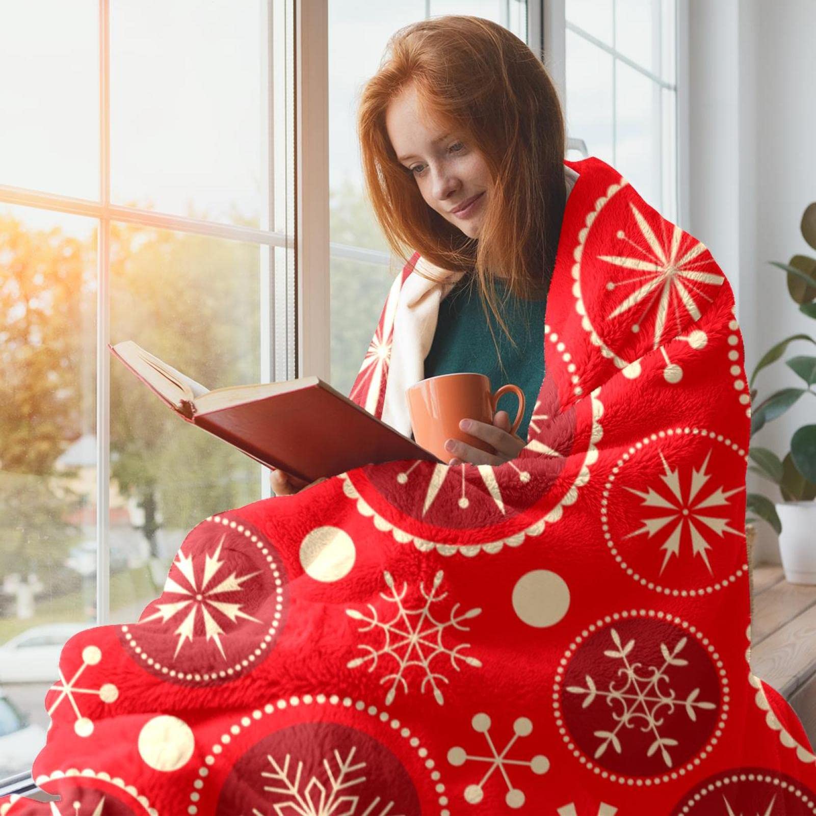 Coperta rossa in pile per divano, divano o letto, con motivo natalizio