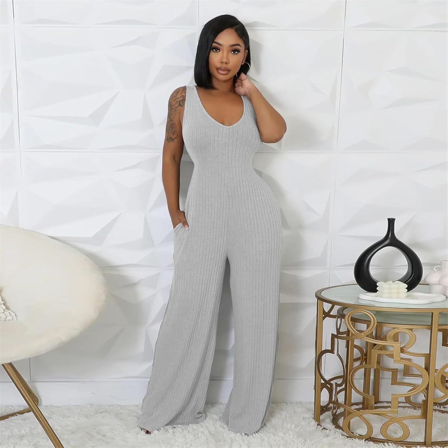 Women's Casual 2 Piece Outfits Ribbed Knitted Batwing Long Sleeve Cardigan Tank Wide Leg Jumpsuits Sets With Pocket - Image 5