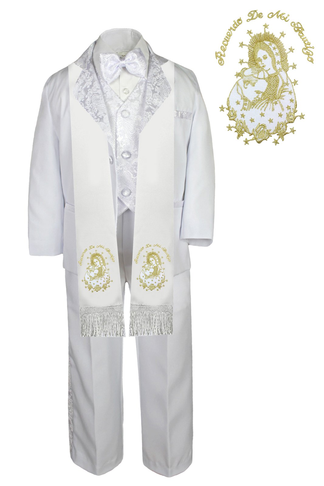 Unotux 6pc Christening Baptism White Tuxedo Spanish Plain Gold Pope Santa Maria Stole (Small (0-6 Months))