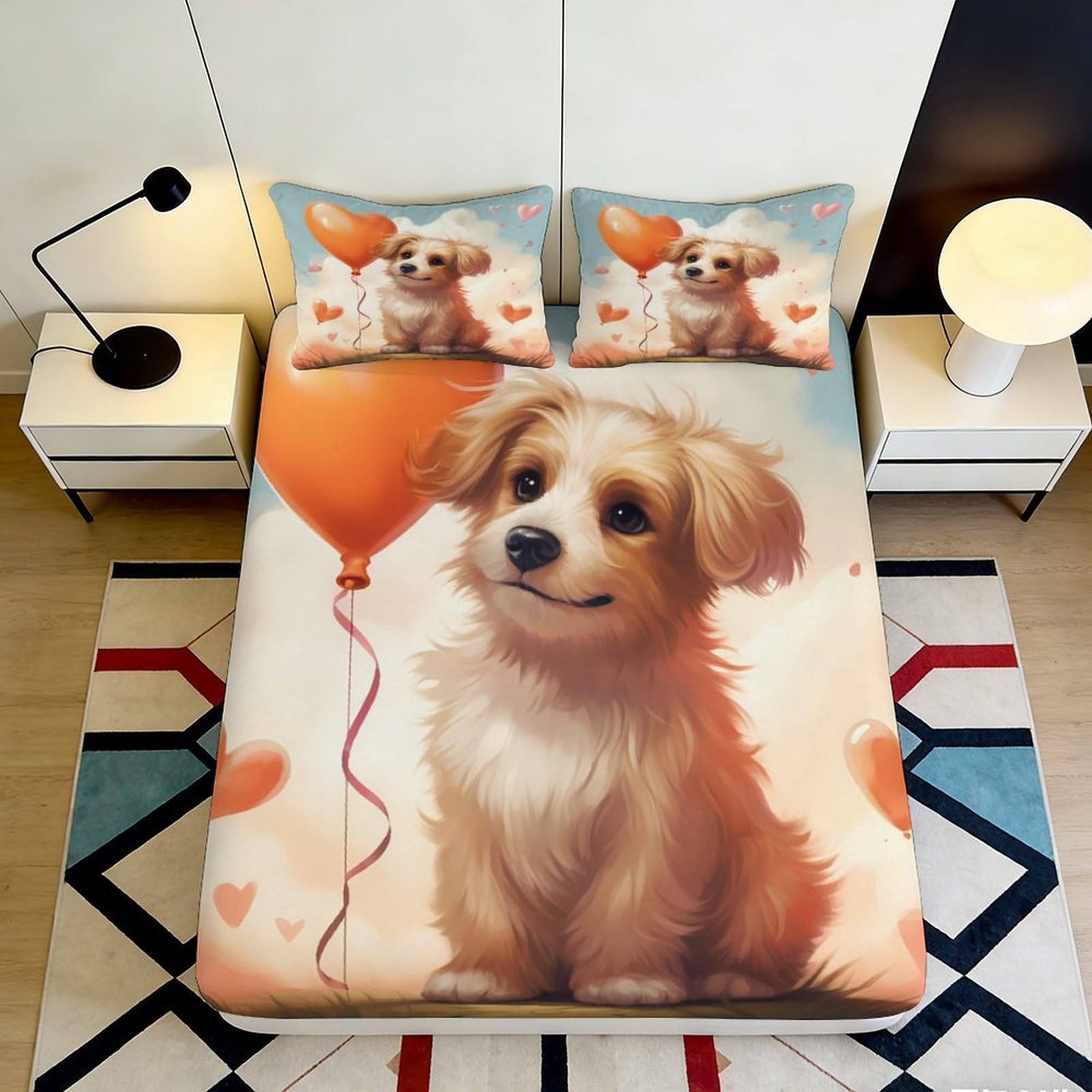 3D Printed Cute Puppy Balloon Fitted Sheet Microfiber Orange Heart Bed Sheet Anti-Slip Easy Care for Bedroom Guest Room 120x200x25cm
