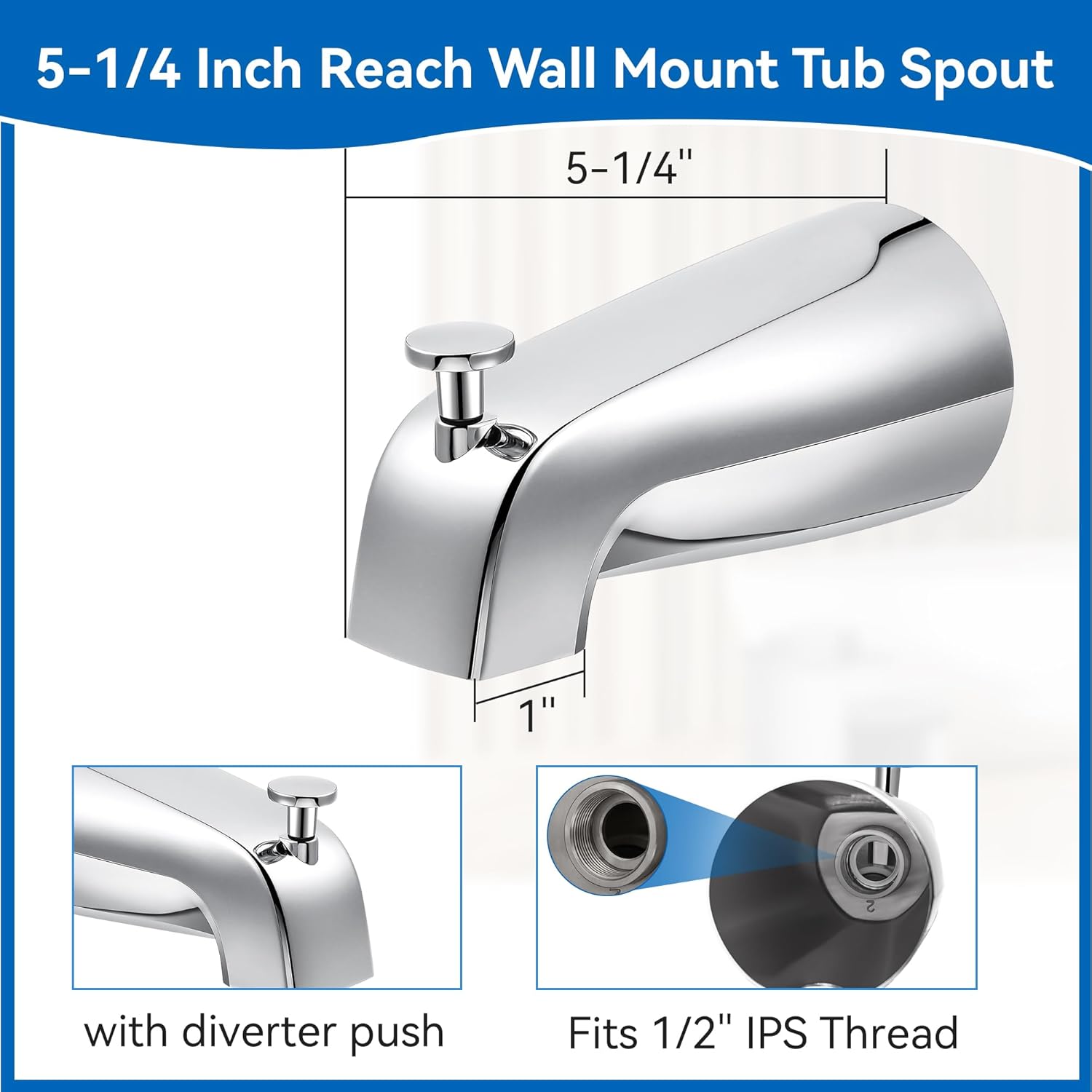 Dreyoo 5 1/4 Inch Bathroom Tub Spout Compatible with Westbrass E531D-1F-62, Fits Wall Front Mount Tub Spout with Shower Diverter 1/2'' IPS Inside Thread Bathtub Faucet (Chrome)