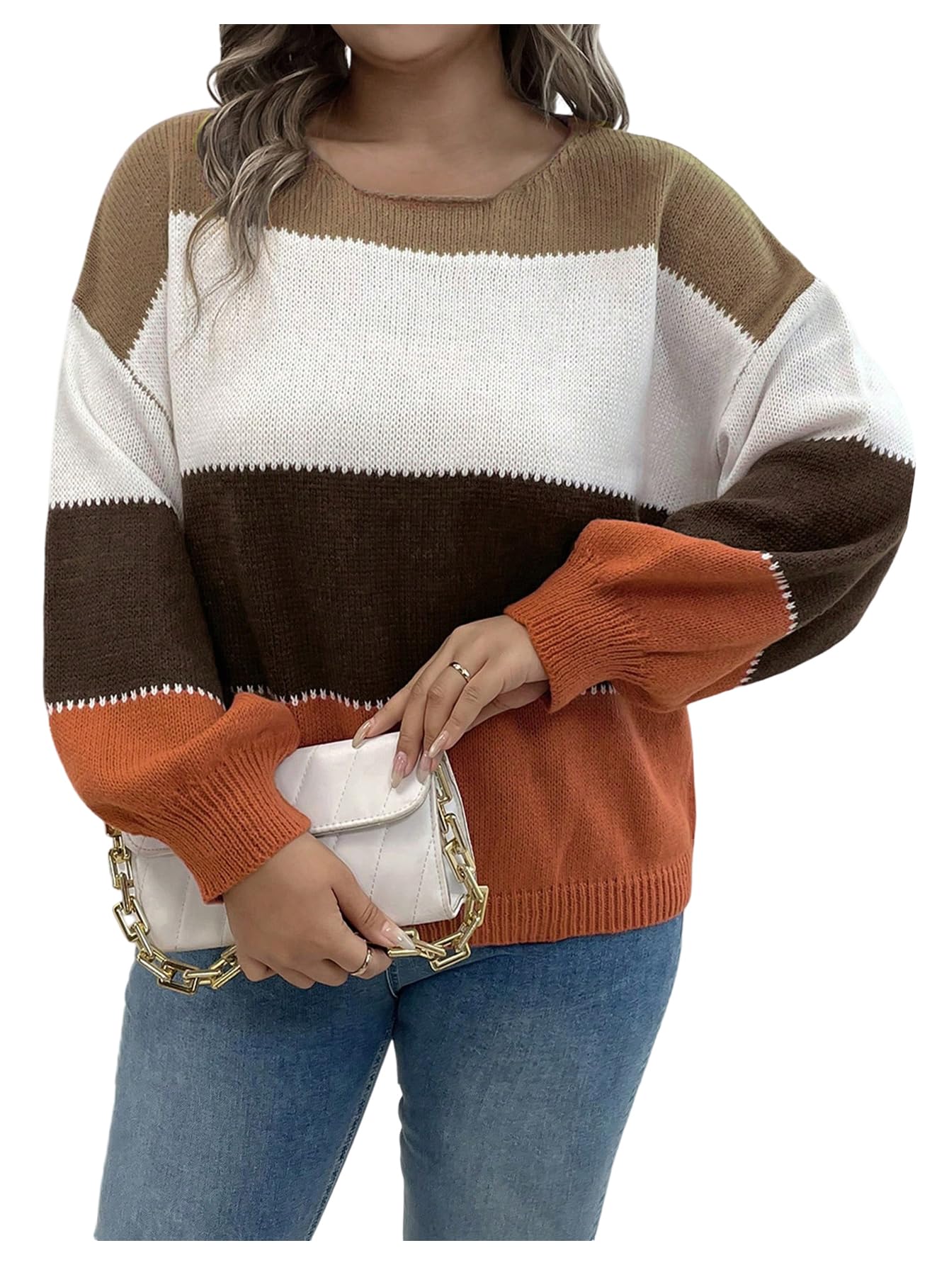 SHENHE Womens Plus Size Sweater Color Block Crew Neck Fall Fashion Knit Pullover Sweater