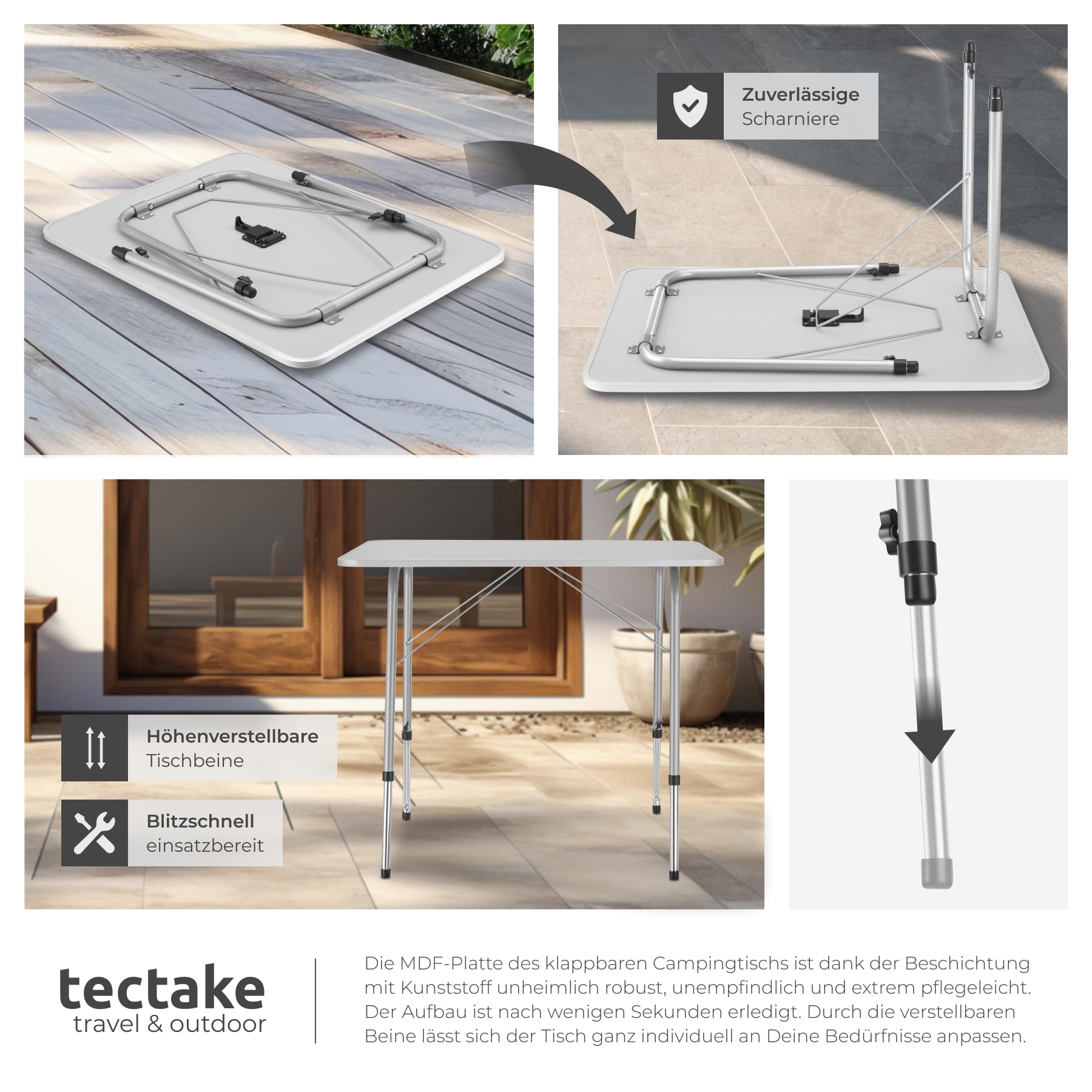 tectake® Campingtisch, Gartentisch klappbar, Klapptisch höhenverstellbar, verstellbare Teleskopbeine, Aluminium Kantenschutz, 80 x 60 x 68 cm, für Garten Terrasse Balkon Camping Picknick