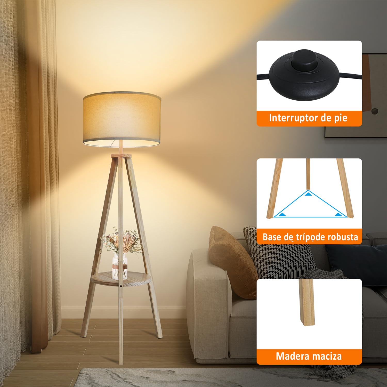 YU YUSING Lámpara de Pie con Estante 157 cm, Casquillo E27, Lámpara Salón Trípode para Dormitorio, Lampara de Lectura con Pantalla Lino Beige, para Salón Dormitorio Estudio Oficina (sin Bombilla)