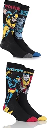 SockShop Men's Marvel X-Men Superheroes Wolverine, Beast, Cyclops and Colossus Cotton Socks, Novelty Gifts for Marvel Comics and Films Fans   Pack of 4 Pairs