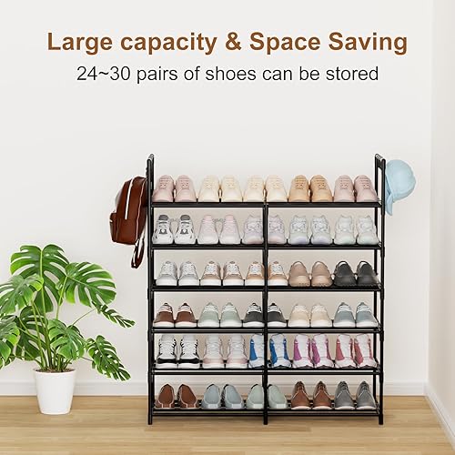 Miniatura 5 de Zapatero apilable de 2 filas y 6 niveles, estante de zapatos apilable de metal negro con ganchos multifuncionales, capacidad para 24-30 pares,