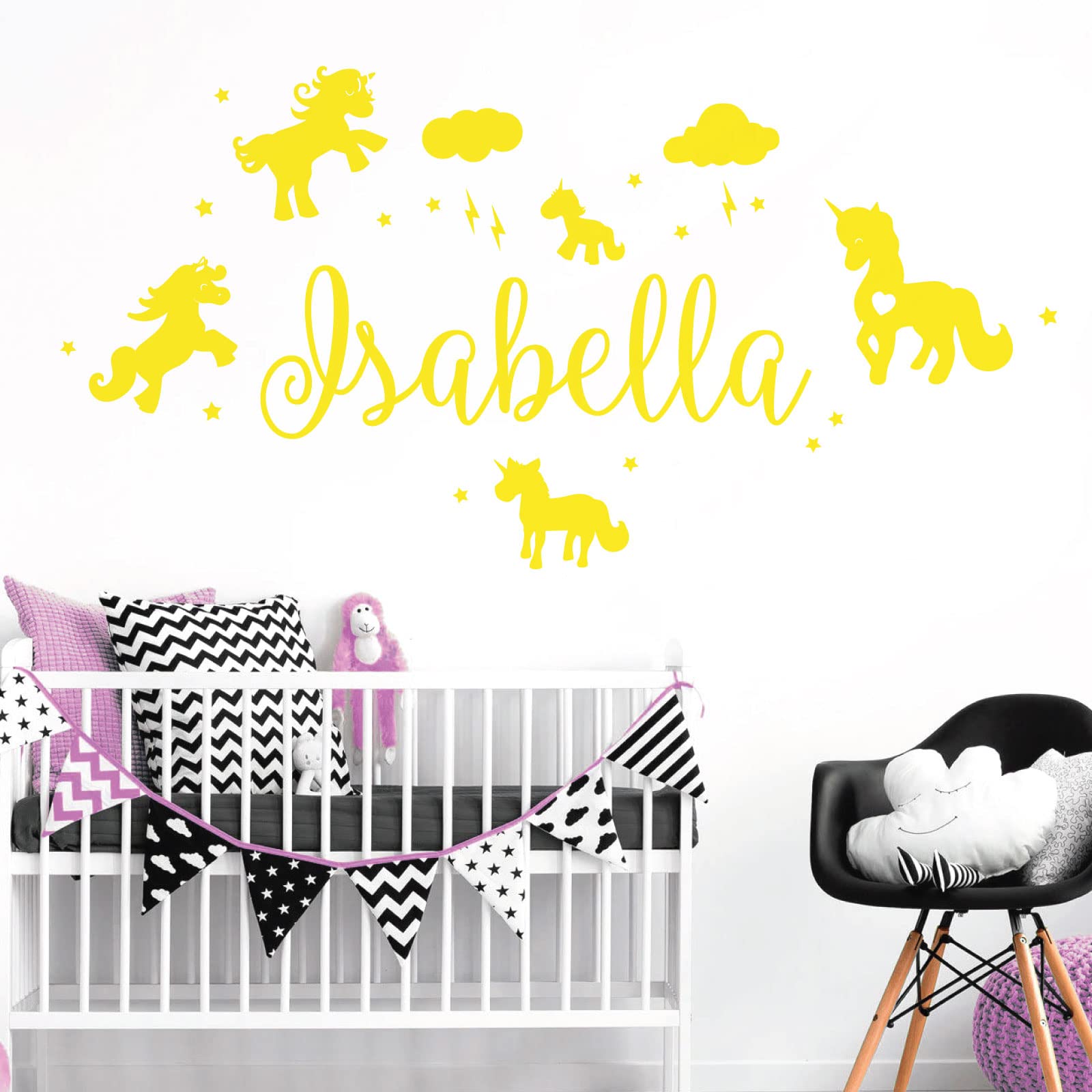 Unicorns, Stars & Clouds - Personalised Name Girls Wall Art Sticker [Medium] [Lemon]