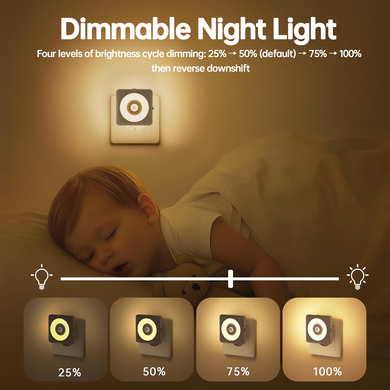 Luce Notturna Bambini da Presa, 2 Pezzi Luci Notturne con Sensore Movimento Modalità Sensore o Sempre Accesa Regolabile, Certificata CE per Interni da Letto, Soggiorno e Bagno (Bianco caldo)