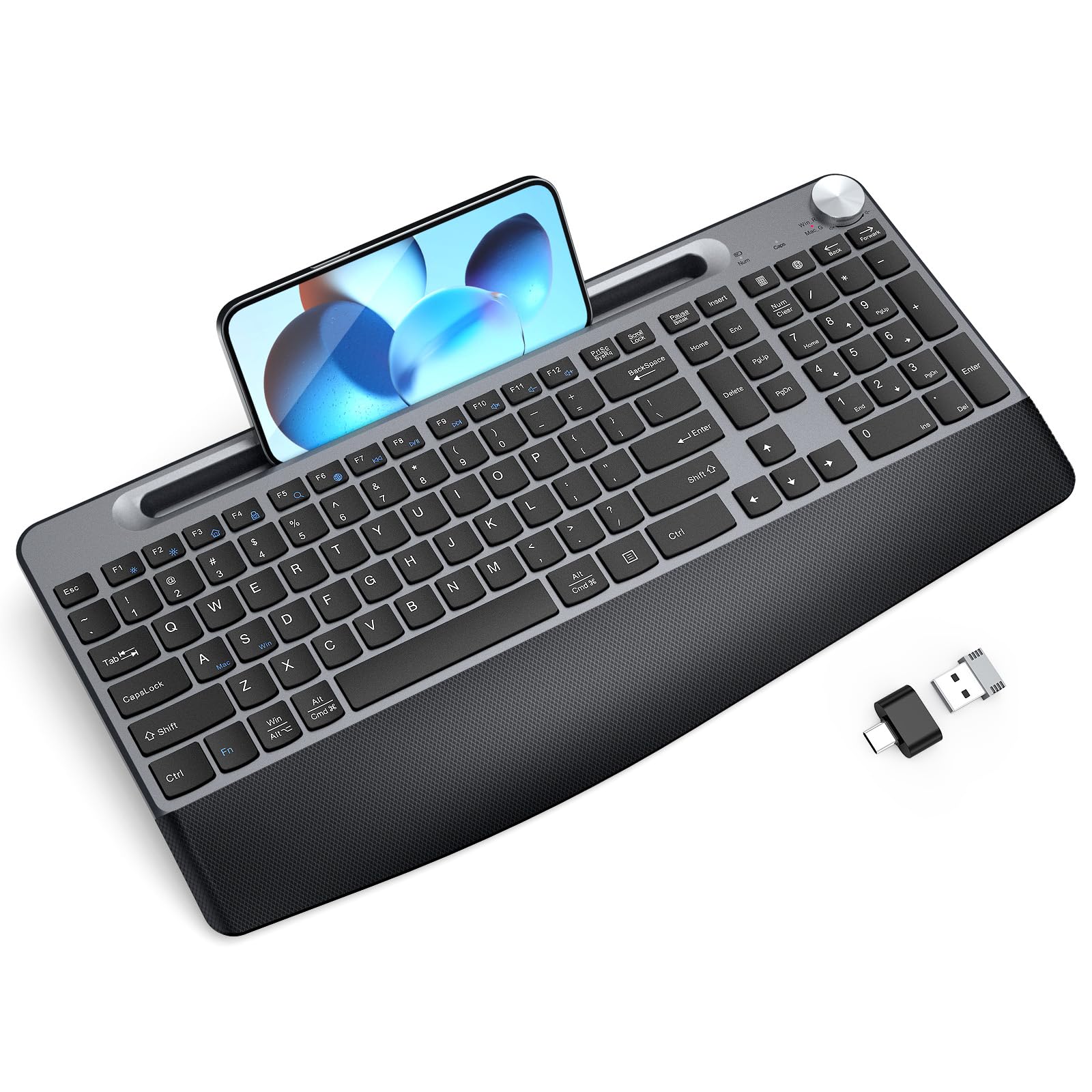 JOYACCESS Ergonomic Wireless Keyboard with Wrist Rest, Low-Profile,Phone Holder,2.4GHz Full Size Silent Cordless USB Computer Keyboard for Windows, Mac OS Desktop/Laptop/PC-Black Grey