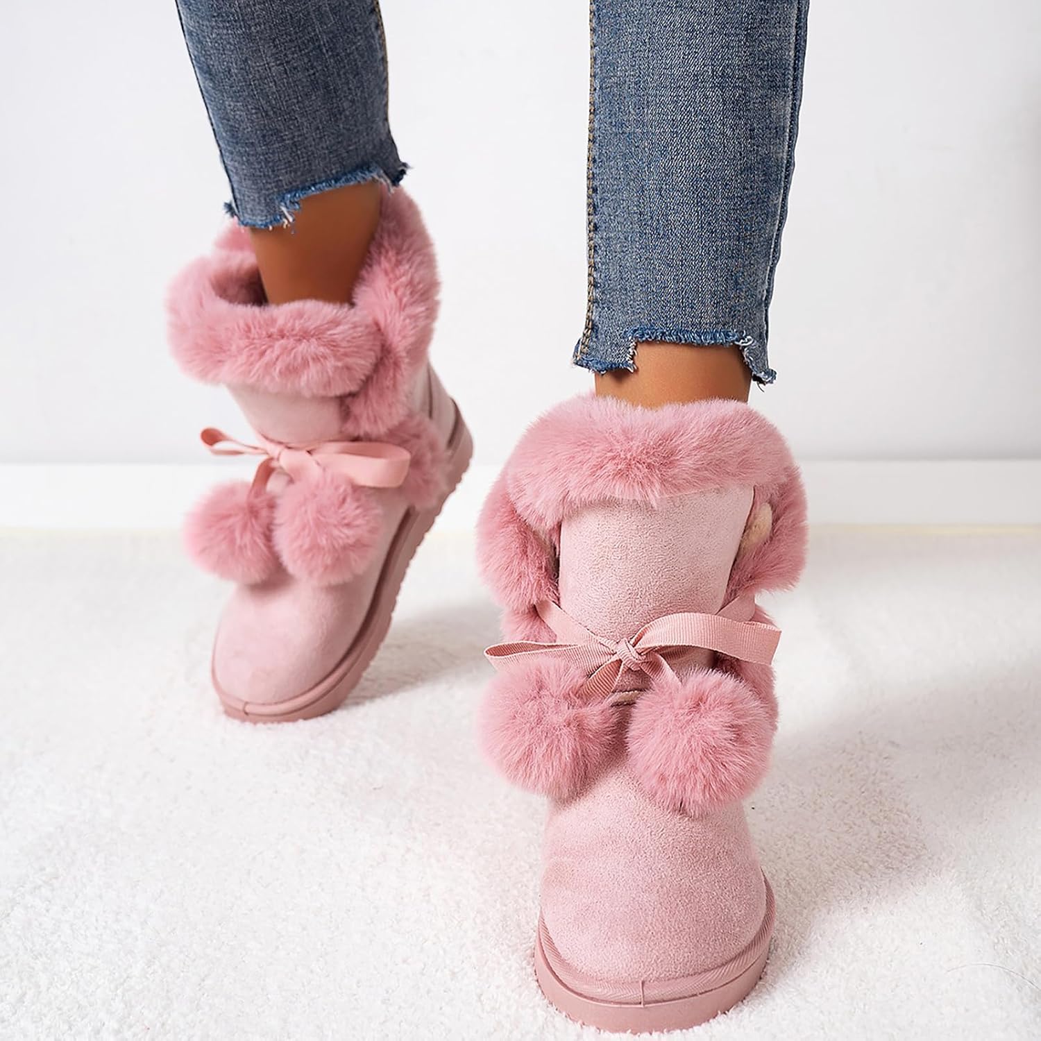 PPXID Women's Cute Pompon Lace Up Fur Winter Snow Boots Sweetheart Princess Fluffy Boots