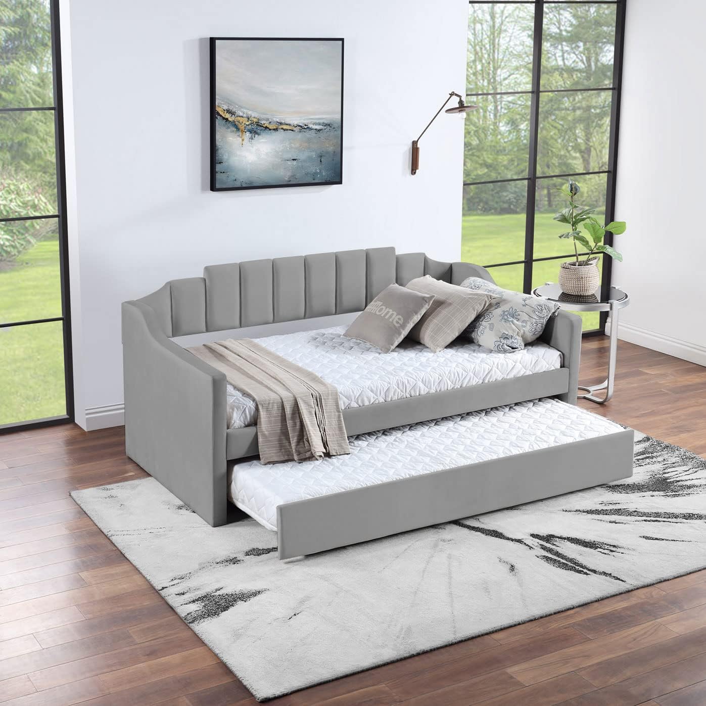 Velvet Daybed with Trundle Upholstered Tufted Sofa Bed, Solid Wood Frame, Elegant Round Arm Design, Twin Size, Space-Saving Sofa for Living Room, Guest Room, Grey, 81.29L x 41.25W x 31.88H in