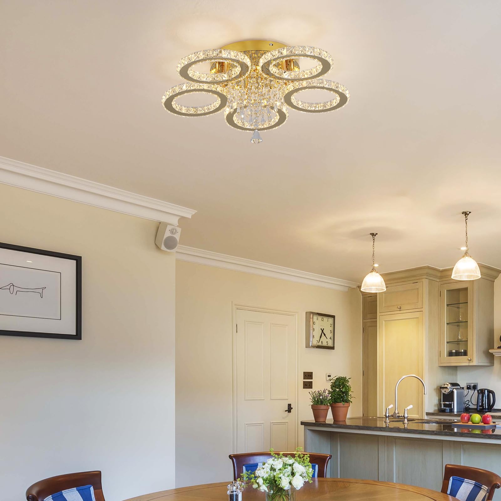 VETRULUS Moderner Kristall-Kronleuchter – Goldene LED-Deckenleuchte mit 5 Ringen, Dimmbar für Schlafzimmer, Wohnzimmer, Esszimmer, Flur