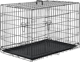 Furniture of America Yucca Metal Double Door Folding Wire Pet Crate with Divider, Removable Tray, and Handle for Outdoor and Indoor Medium Dog, 36-inch, Black