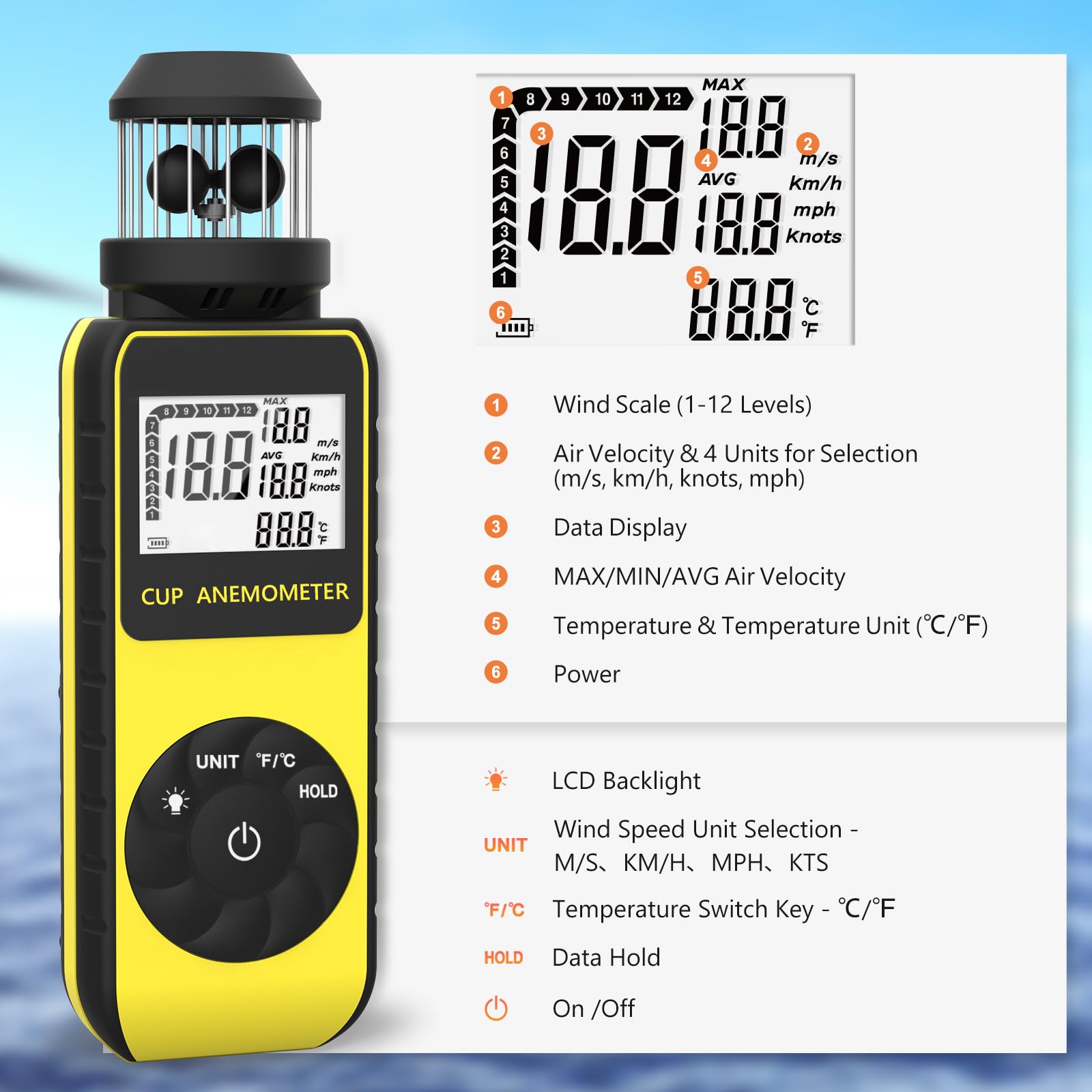 Wind Cup Anemómetro para Exterior, Digital Medidor de Velocidad Viento 0.7~42m/s con MAX/AVG Modos & Prueba de Temperatura del Viento, Wind Speed Meter con Brújula para Drones Vela Surf