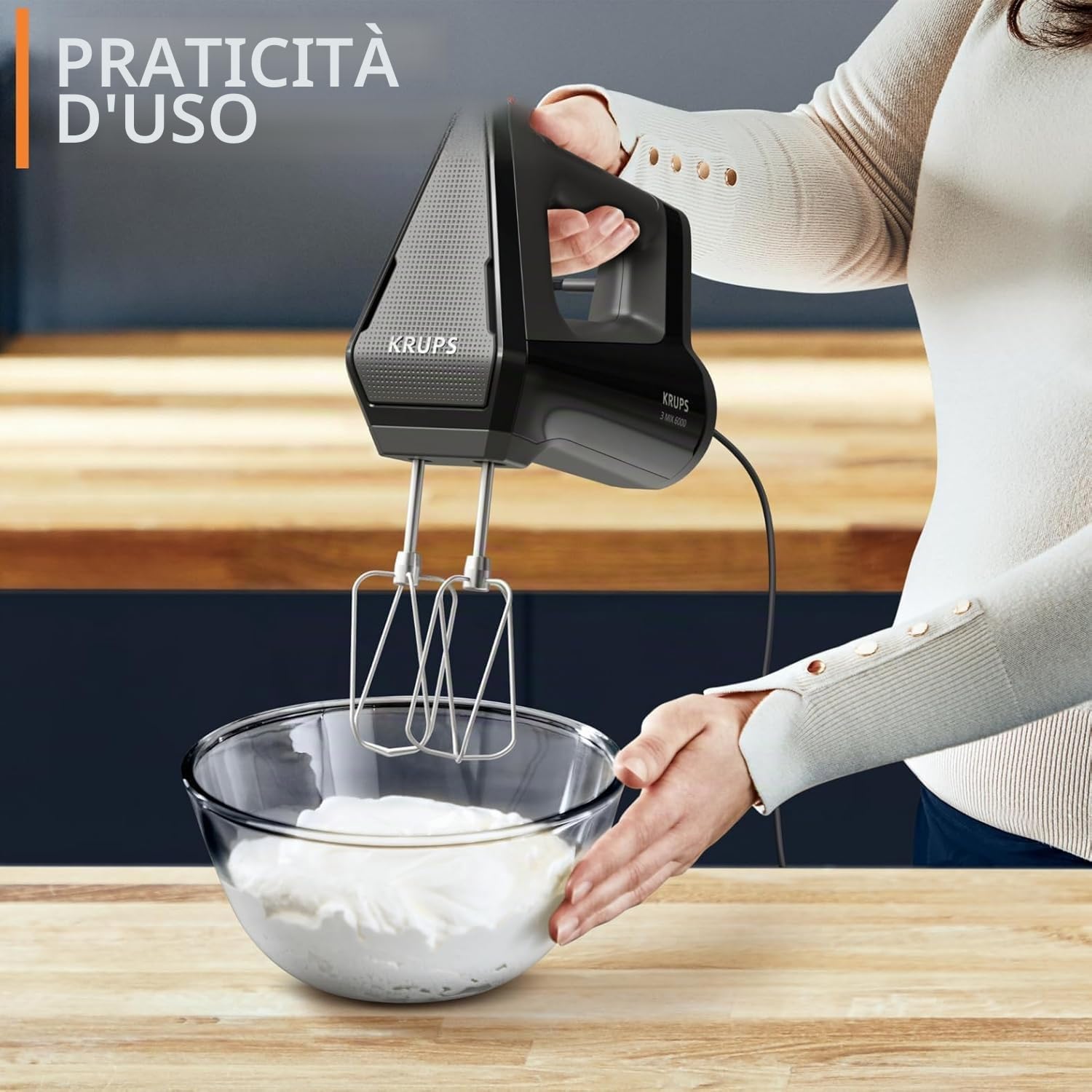 Krups 3MIX 6000 - Frullatore manuale 600 W, controllo preciso, impugnatura soft touch, cavo lungo, pratico regolatore di velocità, agitatore manuale con frusta e gancio per impastare, nero, GN6028