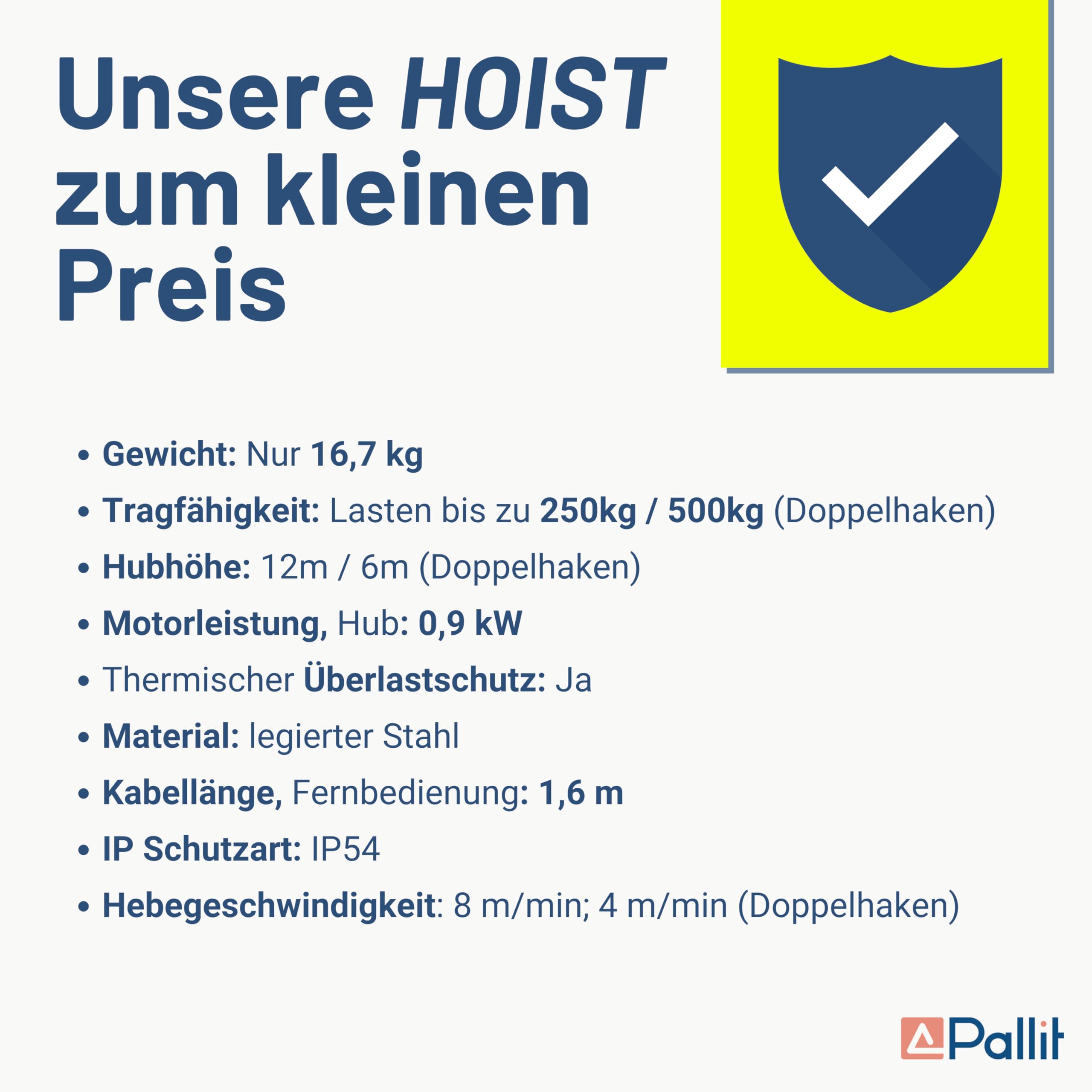 Pallit Seilwinde Elektrisch 230v Tragkraft 250 kg/12 m | 500 kg/6 m (Einzel-/Doppelhaken) inkl. Kabelfernbedieung mit 1,6 m Kabellänge HOIST Seilzug Seilhebezug Kettenzug Flaschenzug