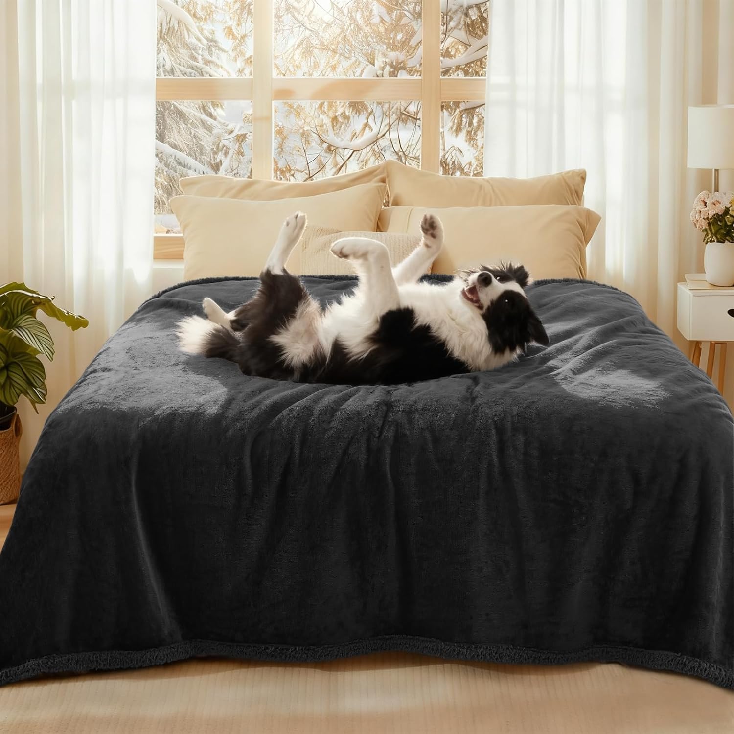 Luciphia Waterproof Bed Blanket Washable,Soft Sherpa Fleece Puppy Reversible Throw Blankets for Medium Large Dog Cat,Furniture Cover Protector Couch Bed from Liquid Pee and Pet Fur, Black,85" x 57"