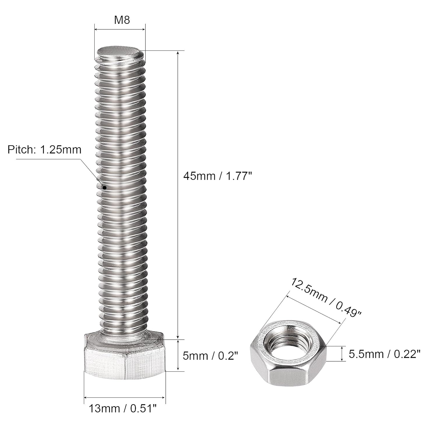 M8 Hex Head Screws Kit, 16-45mm, 304 Stainless Steel, Threaded Hex Bolts, Nuts, Flat Lock Washers, 6 Pcs, Silver(M8 x 45mm)