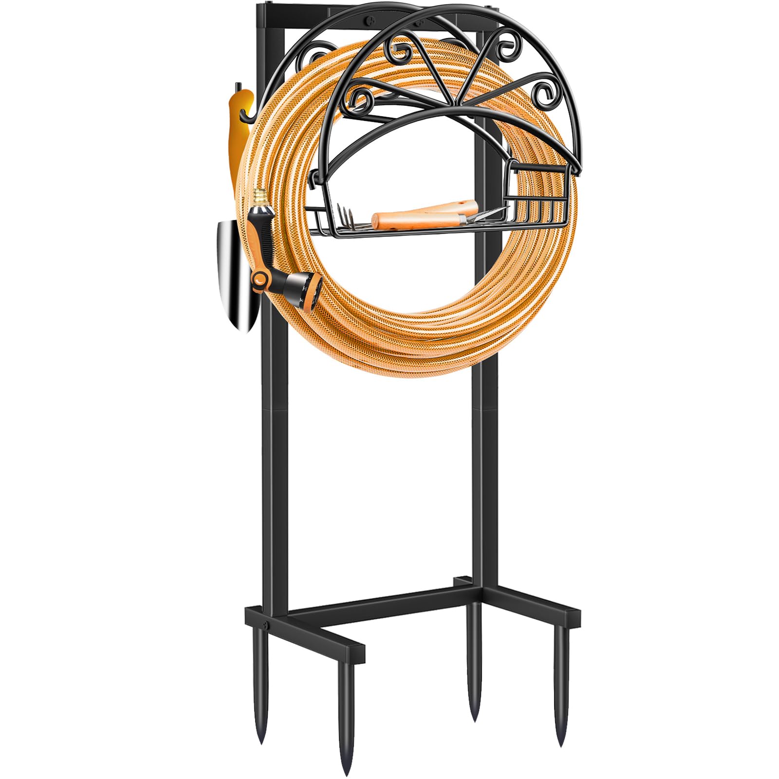 TomCare Garden Hose Holder Upgraded Water Hose Holder with Storage Basket 2 Tool Hooks Heavy Duty 4 Spikes Hose Hanger Holds 160ft Hoses Freestanding Hoses Storage Organizer for Outside Yard