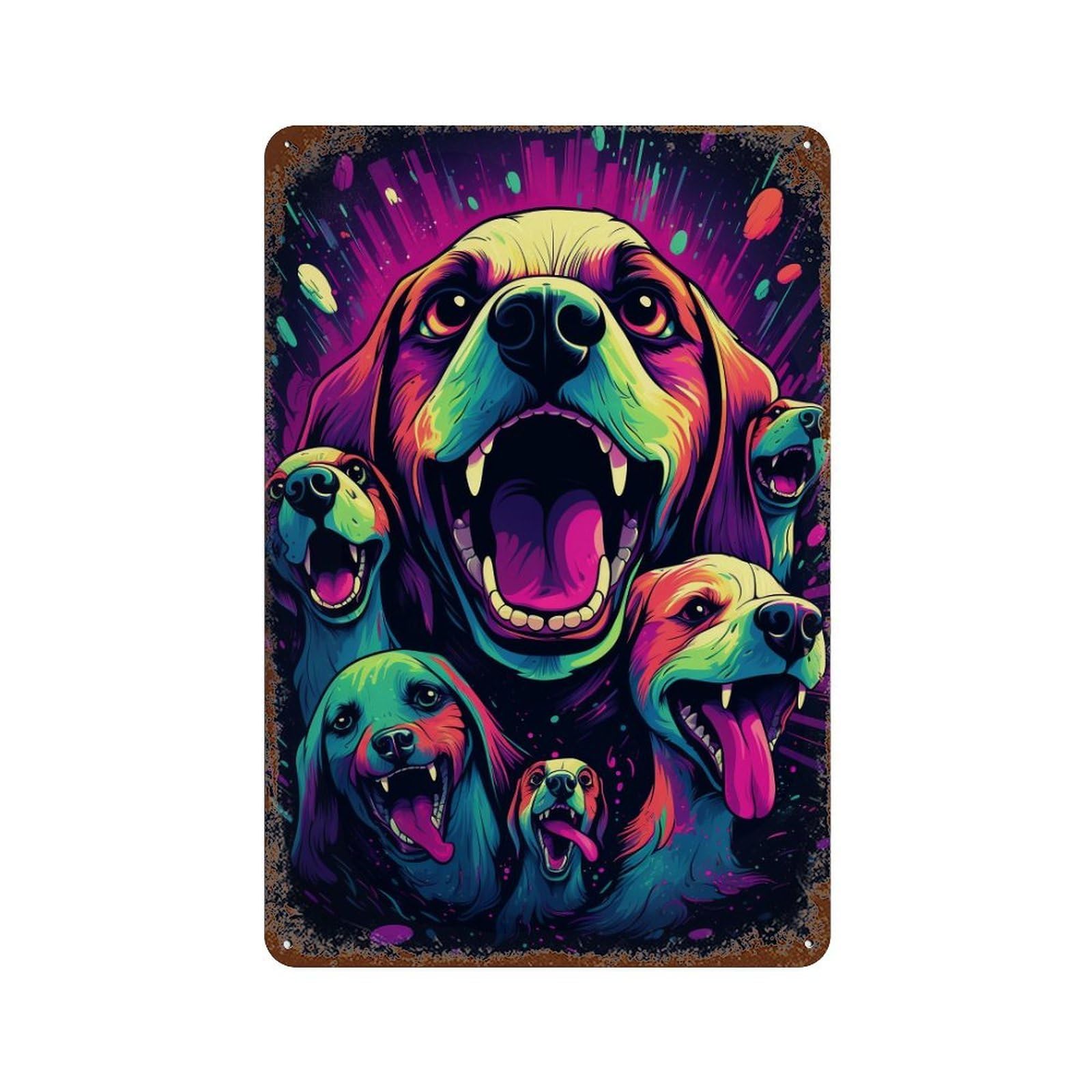 Colorful Dog Collage Art Aged Metal Wall Plaque 11.8"x7.9", for Basement, Hobby Room And Garage Decor, Rustic Home Decor