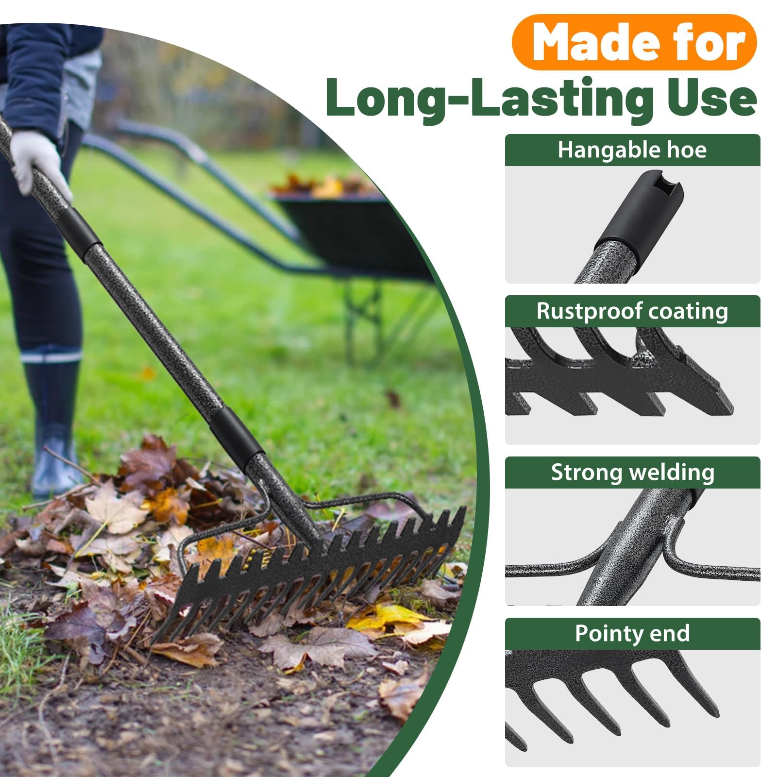 Rastrello robusto per giardino, giardino: rastrello da 190 cm con 17 pinze, allentando il livellamento del terreno e le foglie d'erba