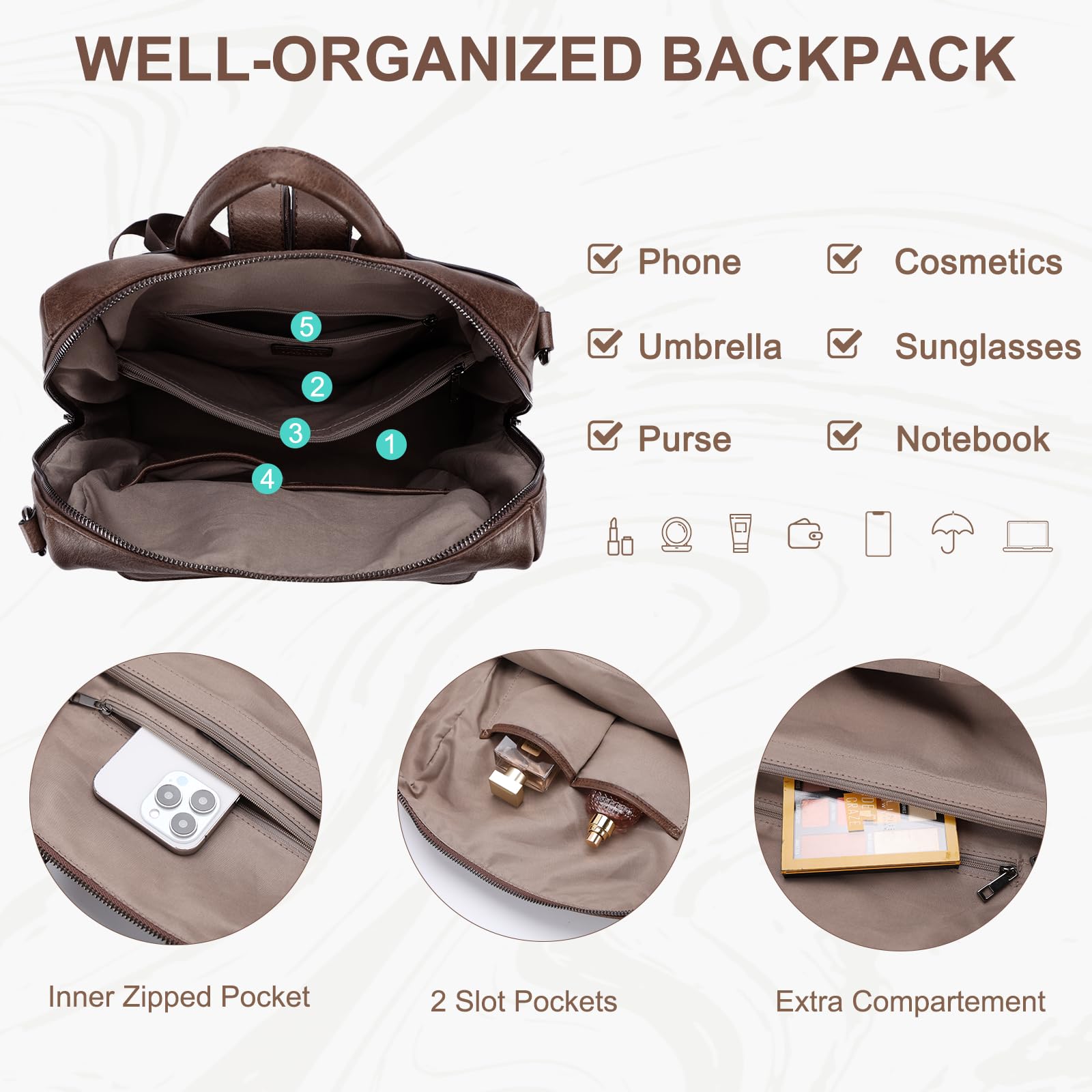 VASCHY Sac a Dos Femme, Grand Antivol 2 en 1 Sac à Main Porté Dos en Cuir PU Élégant Poches Multiples Set de Sac à Dos Fille avec Pochette pour Travail Voyage École Café