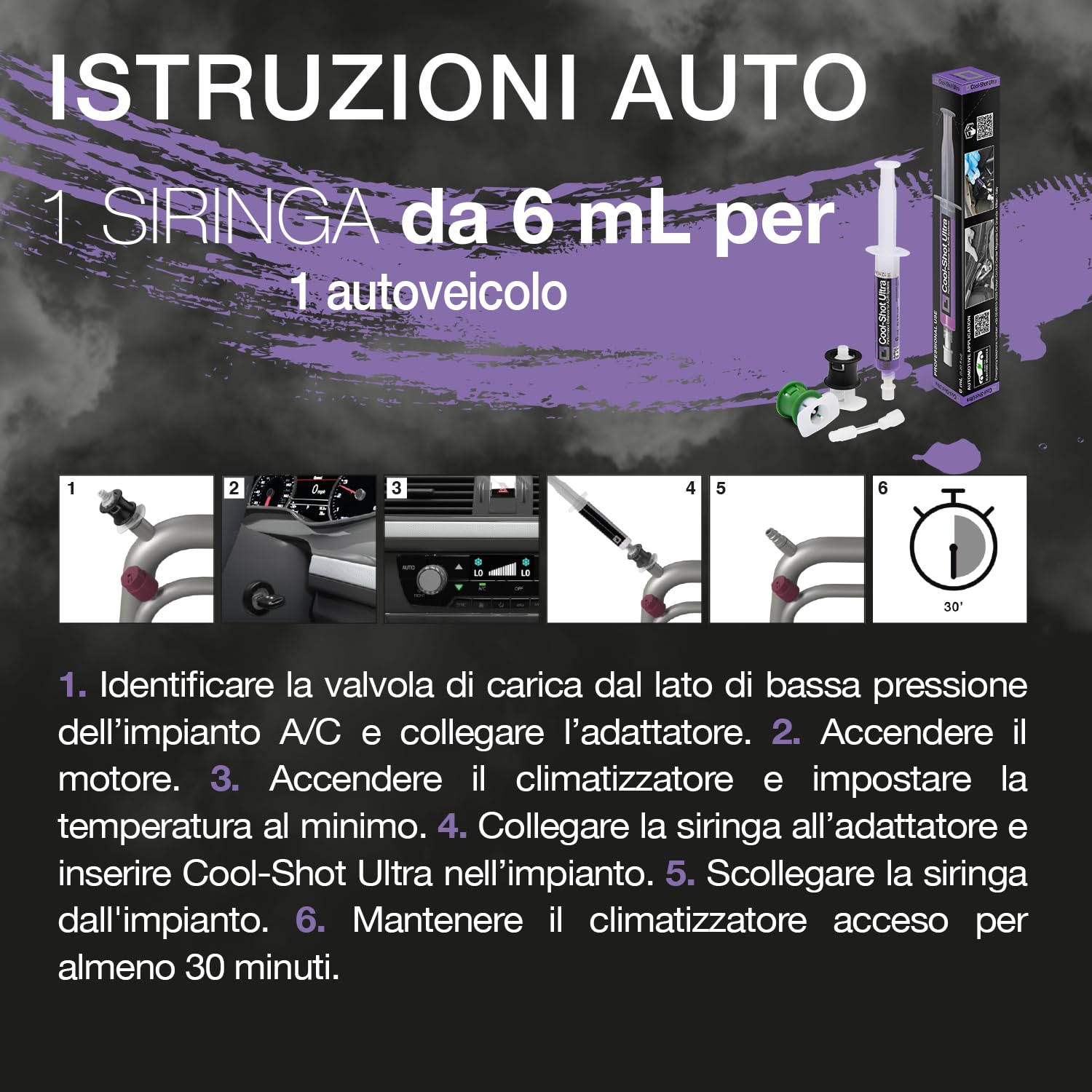 ERRECOM Cool-Shot Ultra, Additivo per Ripristinare l’Efficienza Originale degli Impianti di Climatizzazione Auto, siringa da 6 mL, Include Adattatore per Gas refrigerante R134a