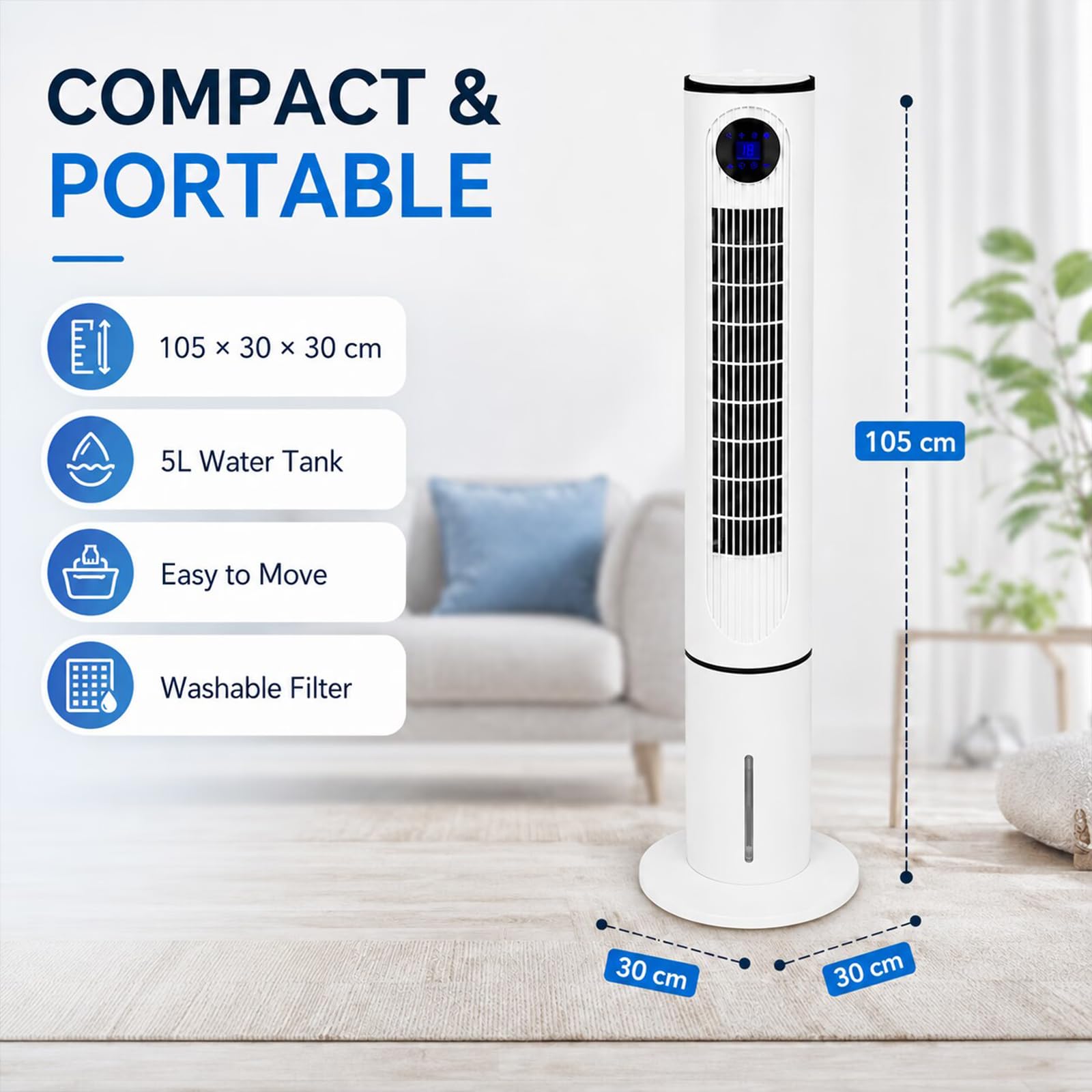 Climatizador Evaporativo con Mando a Distancia y Temporizador 12 Horas, Aire Acondicionado Portátil con Oscilación 90° y 3 Velocidades, Enfriador de Aire para Hogar y Oficina