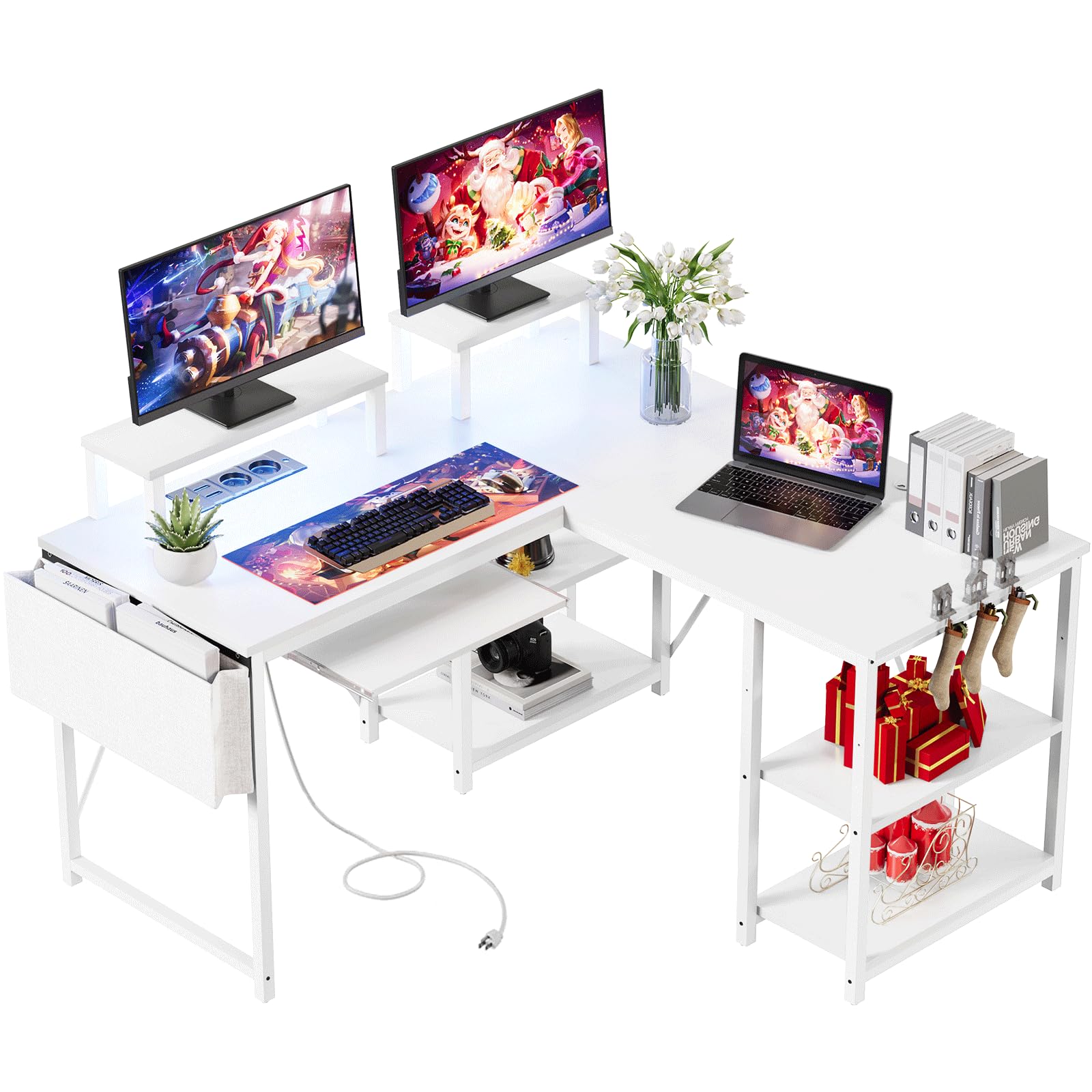 TRIUMPHKEY 140x140cm Escritorio Esquinero con LED,Escritorio con Estante y Monitor, Escritorio en L,Mesa Gaming con Puertos de Carga USB y Enchufes para Juego y Oficina en Casa, Blanco