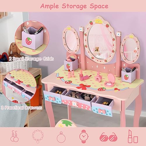 Miniatura 7 de HONEY JOY Vanity - Juego de tocador y silla de madera de princesa de fresa con espejo ovalado de tres pliegues y accesorios de vidrio real, parte