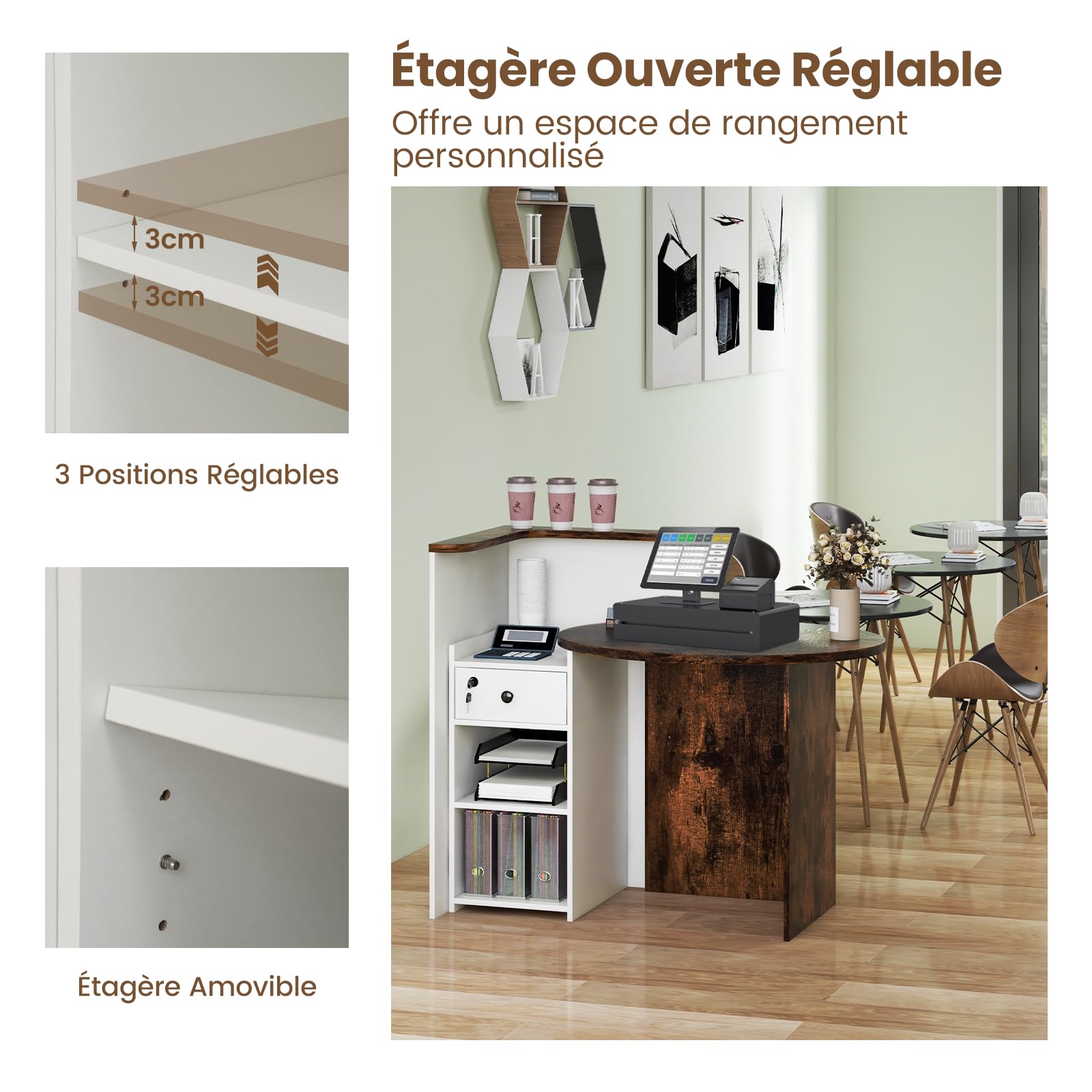 KOMFOTTEU Comptoir Réception, Tiroir Verrouillable & 2 Étagèrs Ouvertes, Comptoir Caisse, Bureau Réception, pour Boutique, Coiffure, Hôtel, Salon de Beauté, Industriel + Blanc, 120 x 70 x 100 cm