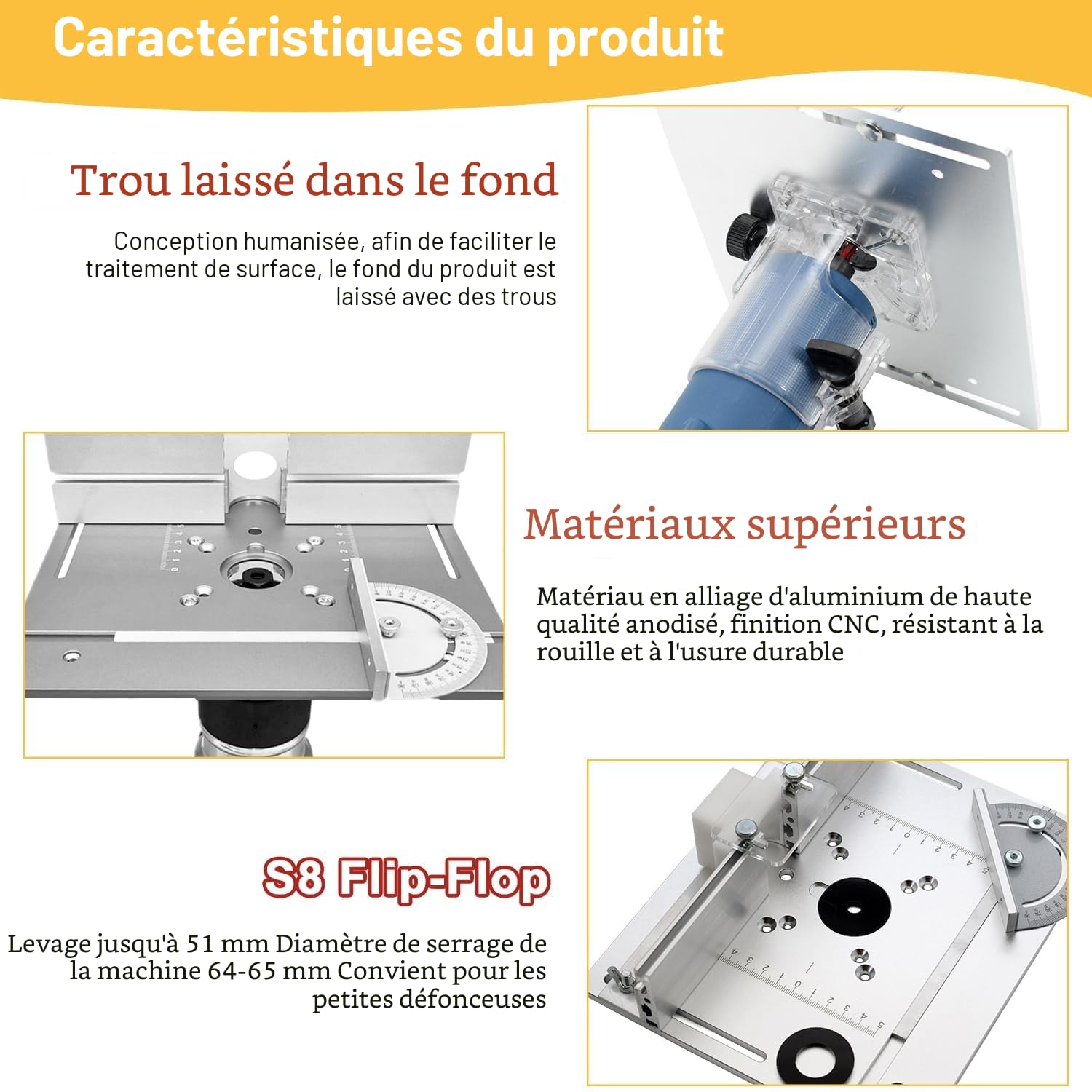 Kit défonceuse Sur Table Aluminium, 65 mm De DiamèTre Défonceuse Sous Table Routeur Lift, Table Défonceuse Kit pour Rainures Et Bordures De Table (Aluminium-Argent)