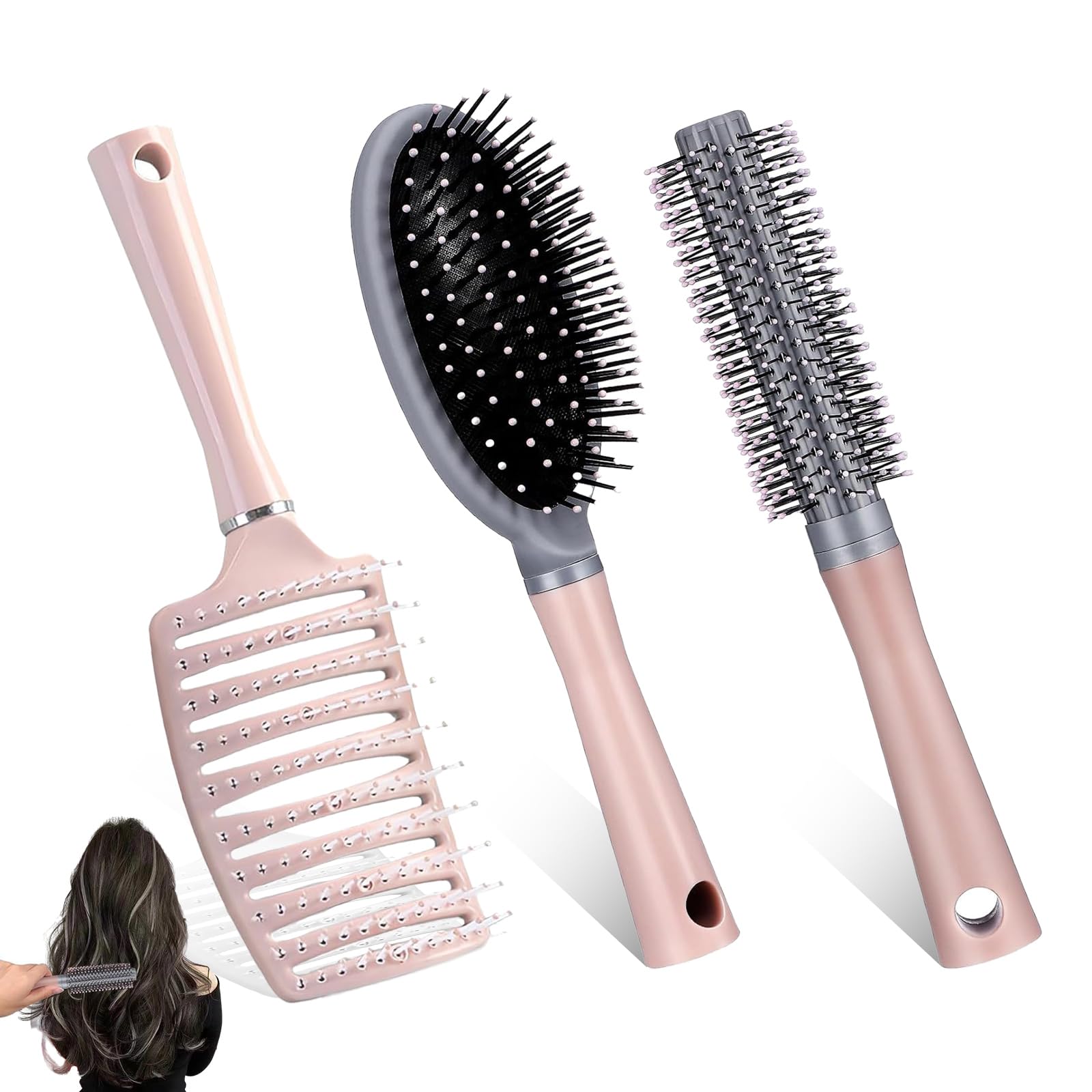 DHSUN Hairbrush Set, Pink: Round, Curly, Arc Combs for Wet & Dry Hair, Detangles, Massages, Styles (Pink Three)