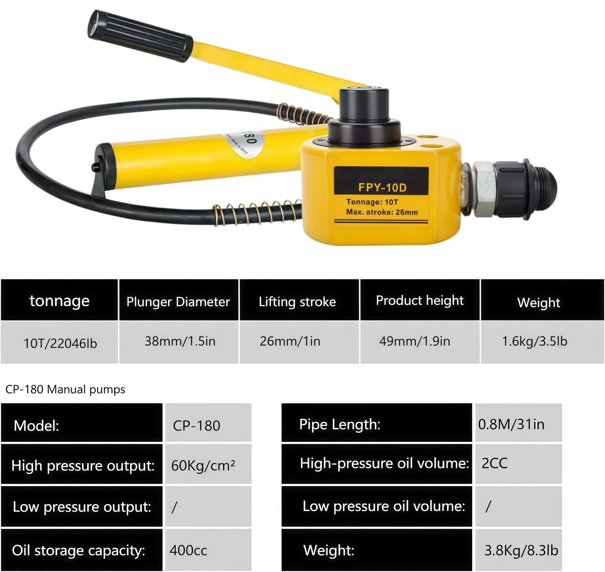 Zestaw zasilania podnośnika hydraulicznego z ręczną pompką ręczną i siłownikiem mikrohydraulicznym, idealny do zastosowań przemysłowych (podnośnik 10T + pompa ręczna CP-180)