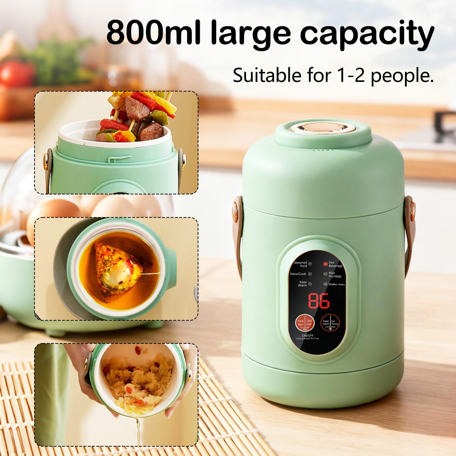 Elektrischer Hot Pot, Tragbarer Elektrischer Topf 800ML Ramen-Kocher mit 6 Modi & Timer Reise-Kochtopf Nudel Kocher Aler Fauler Topf für die Zubereitung von Suppen, Reis, Tee, Brei