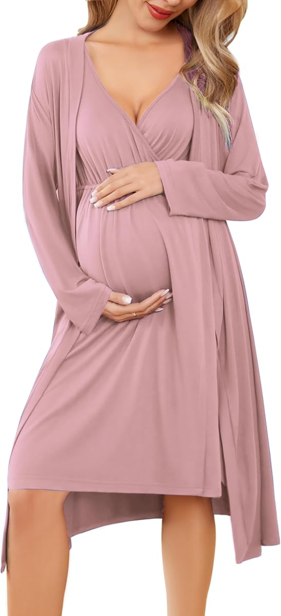 Ekouaer Maternity Nursing Gown and Robe Set Labor Delivery Nightgowns