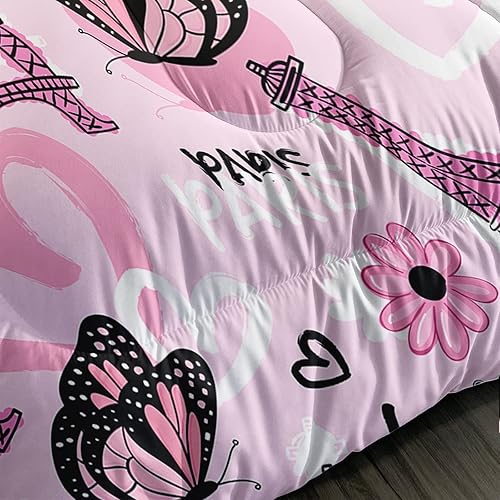 Miniatura 6 de BSNTHO Juego de edredón de la Torre Eiffel, tamaño Queen, juego de ropa de cama con corazón de amor rosa, edredón de mariposa de París para niñas y
