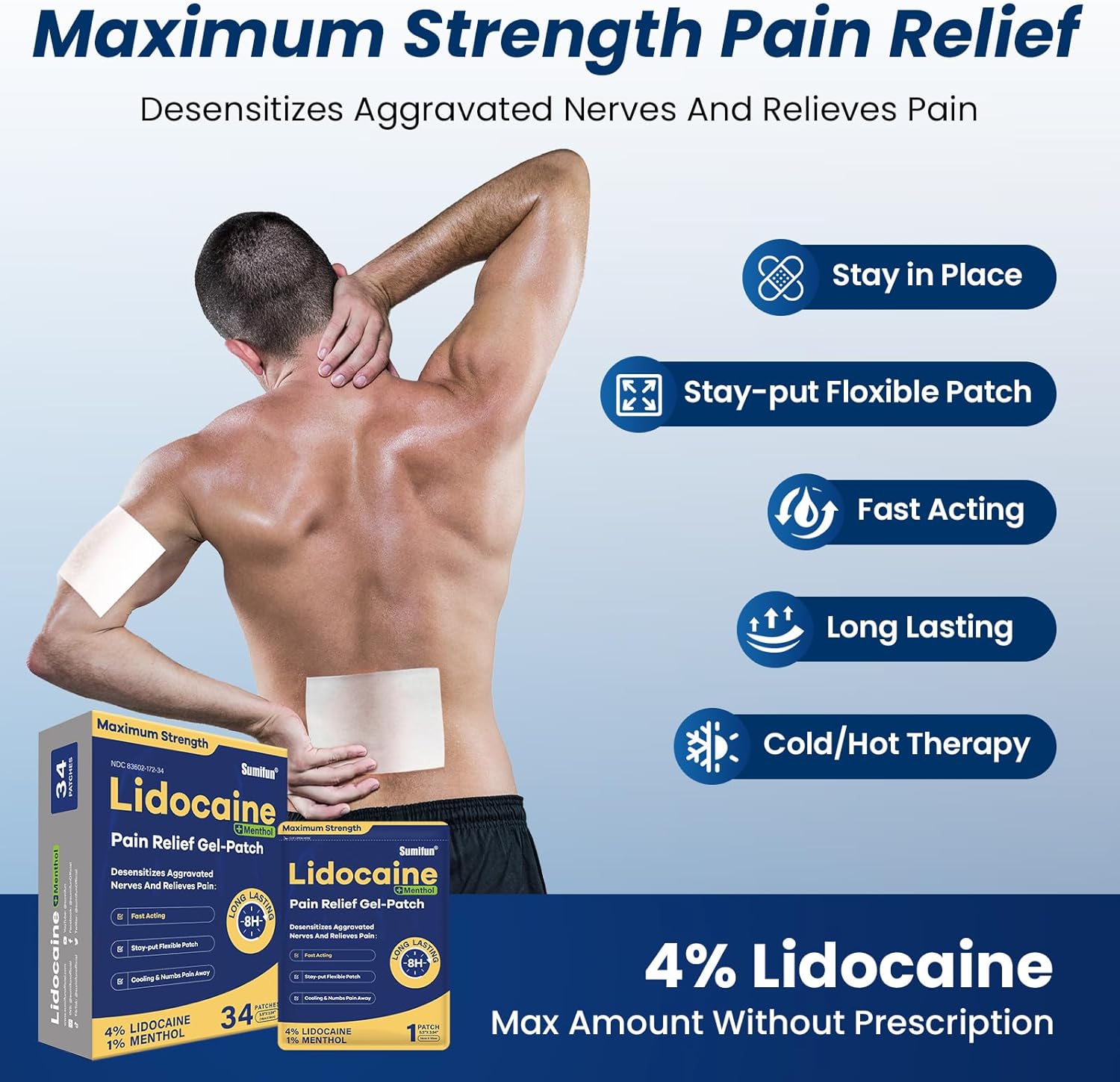 Sumifun 4% Lidocaine + 1% Menthol Pain Relief Patches, Maximum OTC Strength Patches for Back, Neck, Knee, Joint Pain Relief, Long-Lasting & Cooling Therapy, Large (34)