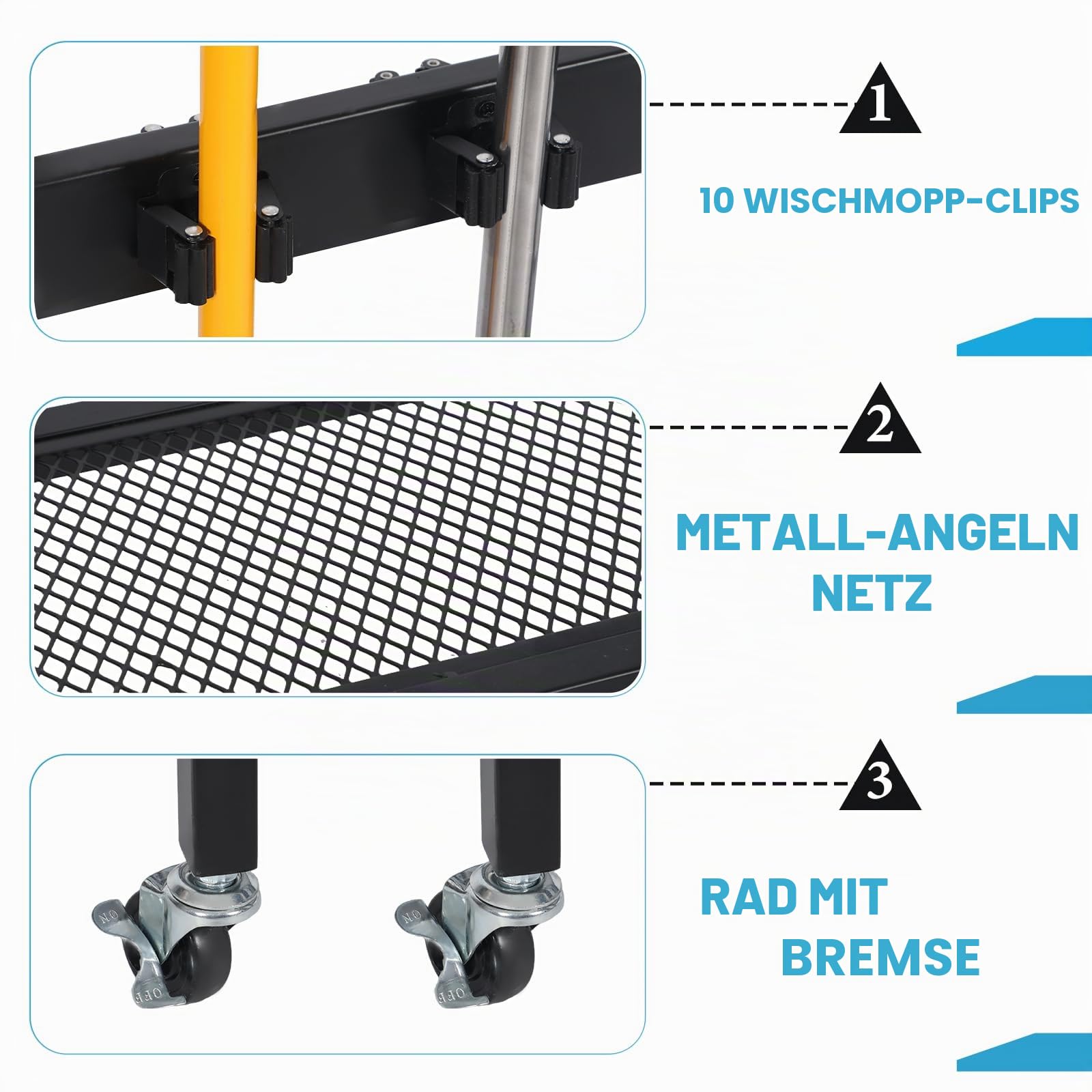 Reinigungswagen 85 × 62 × 30 cm – Mobiler Putzwagen mit Mopphalter & Besenhalter, 6 Räder mit 3 Bremse, 6 Gerätehalter & 2 Doppelhaken, 3 Ablagen – Haushalt & Reinigungstrolley