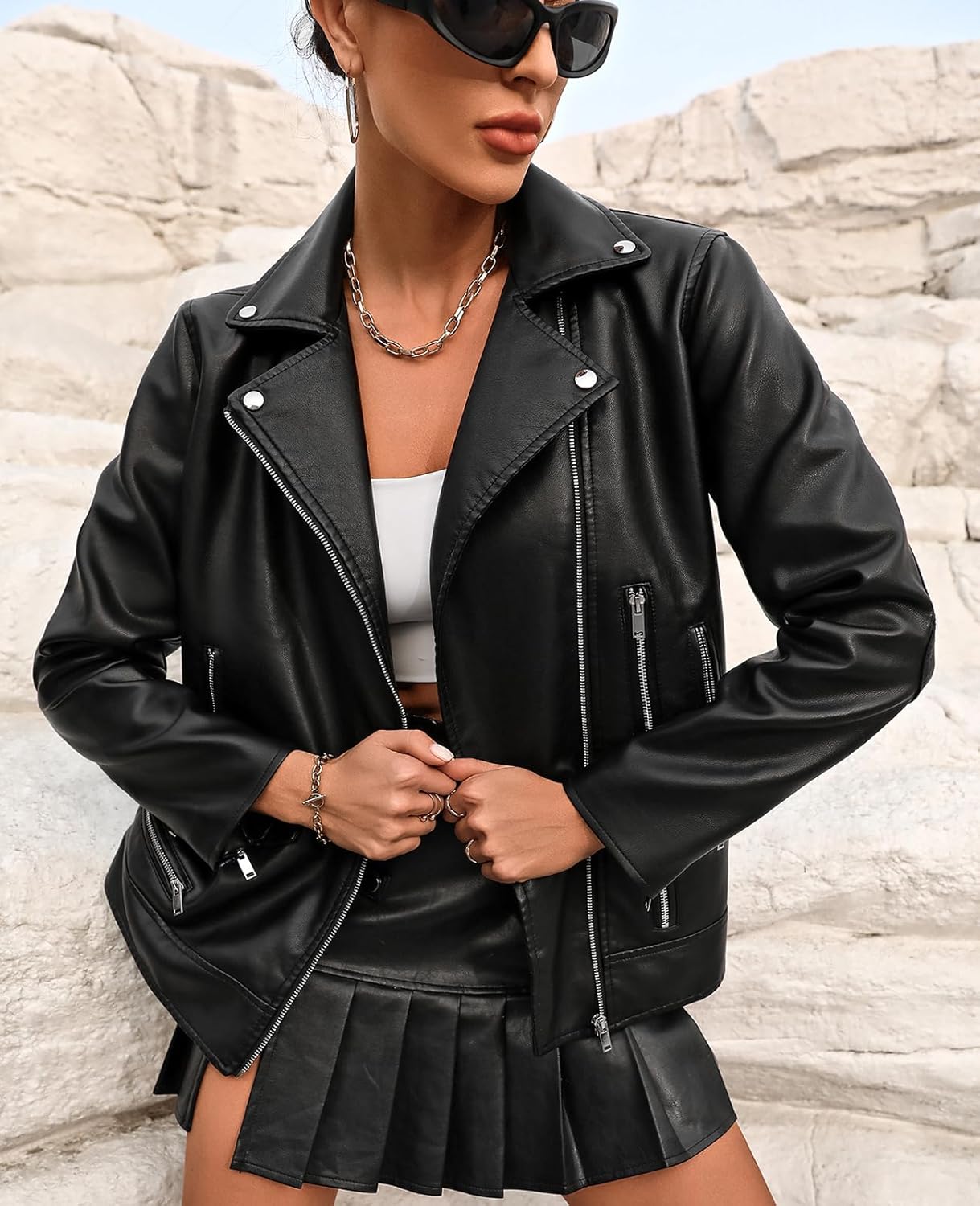 LY VAREY LIN Women Faux Leather Jacket Lapel Collar Motorcycle Zip Up Long Sleeve Motor Biker Short Coat Jacket - Image 2