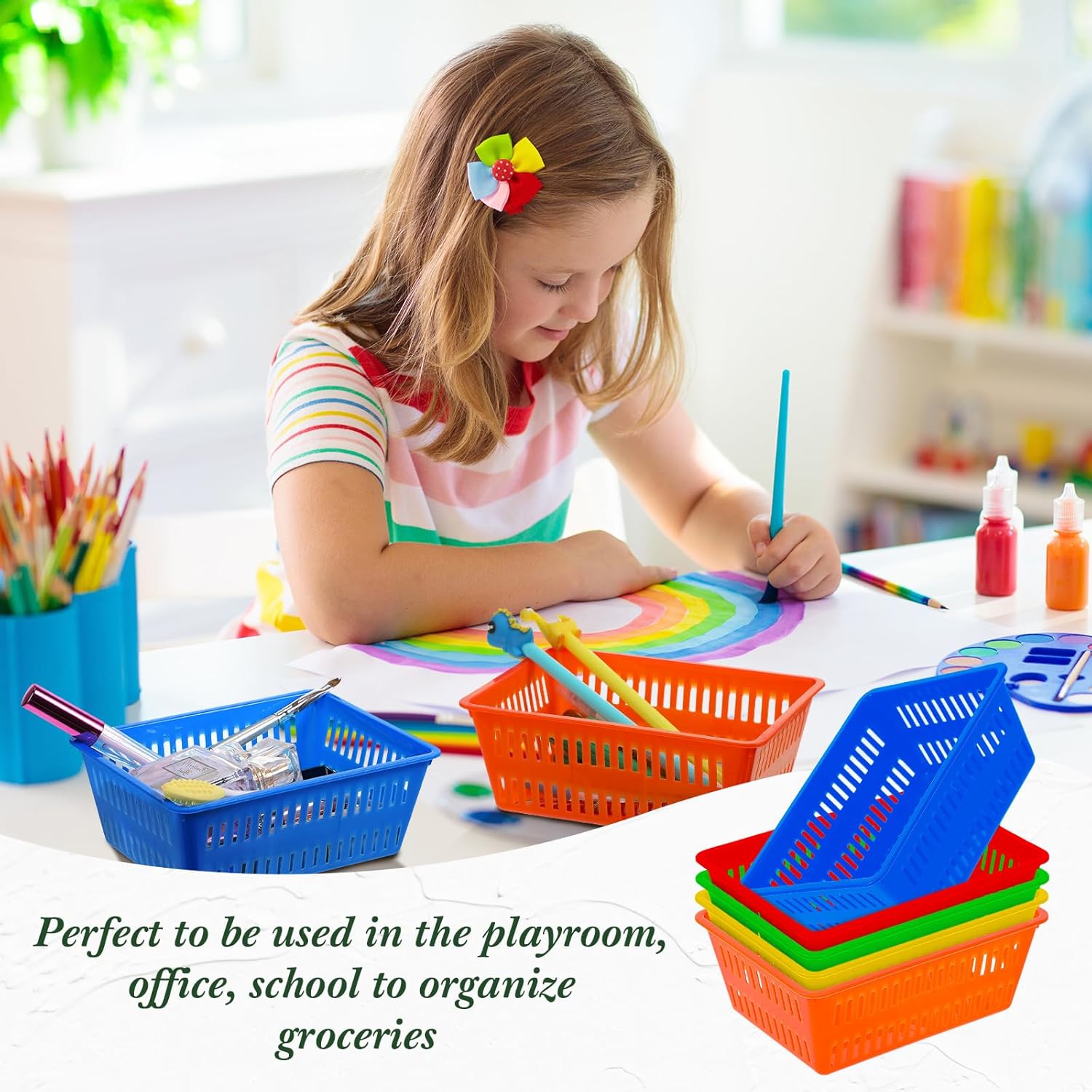 Sherr 36 Pack Classroom Storage Basket Small Plastic Basket for Organizing Crayon Pencil Container Storage Bin Tray Holder for Paper Shelf Back to School Office Supply 6.1"l x 4.3"w x 2.4"h(Colorful)