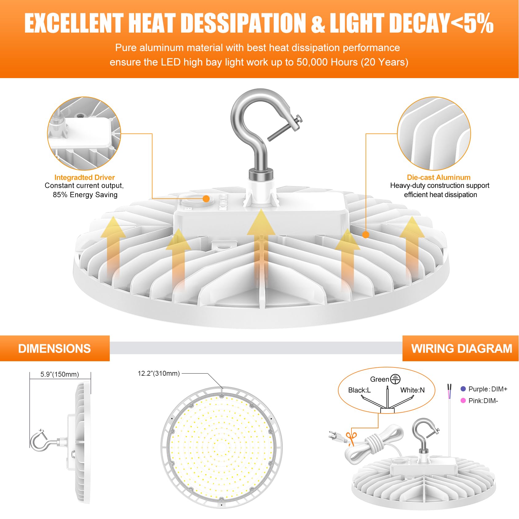 8 Pack LED High Bay Light 150W 120W 90W Adjustable UFO Lights 4500K 5000K 5700K Tunable Dimmable High — view 7