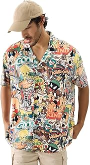 Official Looney Tunes: Vintage Men and Boys Short Sleeve Collared Neck Button Down Cotton Summer Shirts