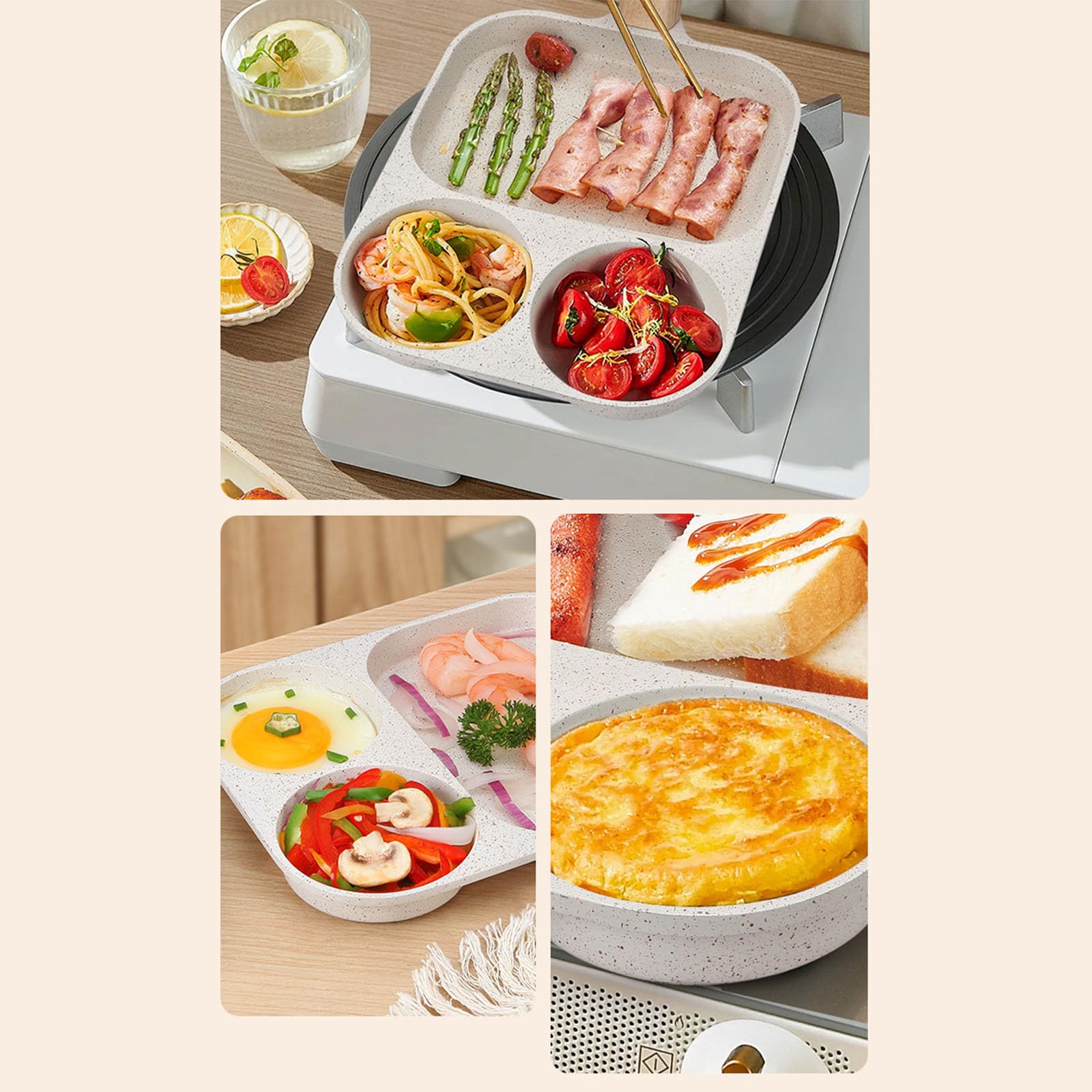 Padella antiaderente per uova da colazione a 3 sezioni, per pasti veloci al mattino, con manico ergonomico resistente al calore