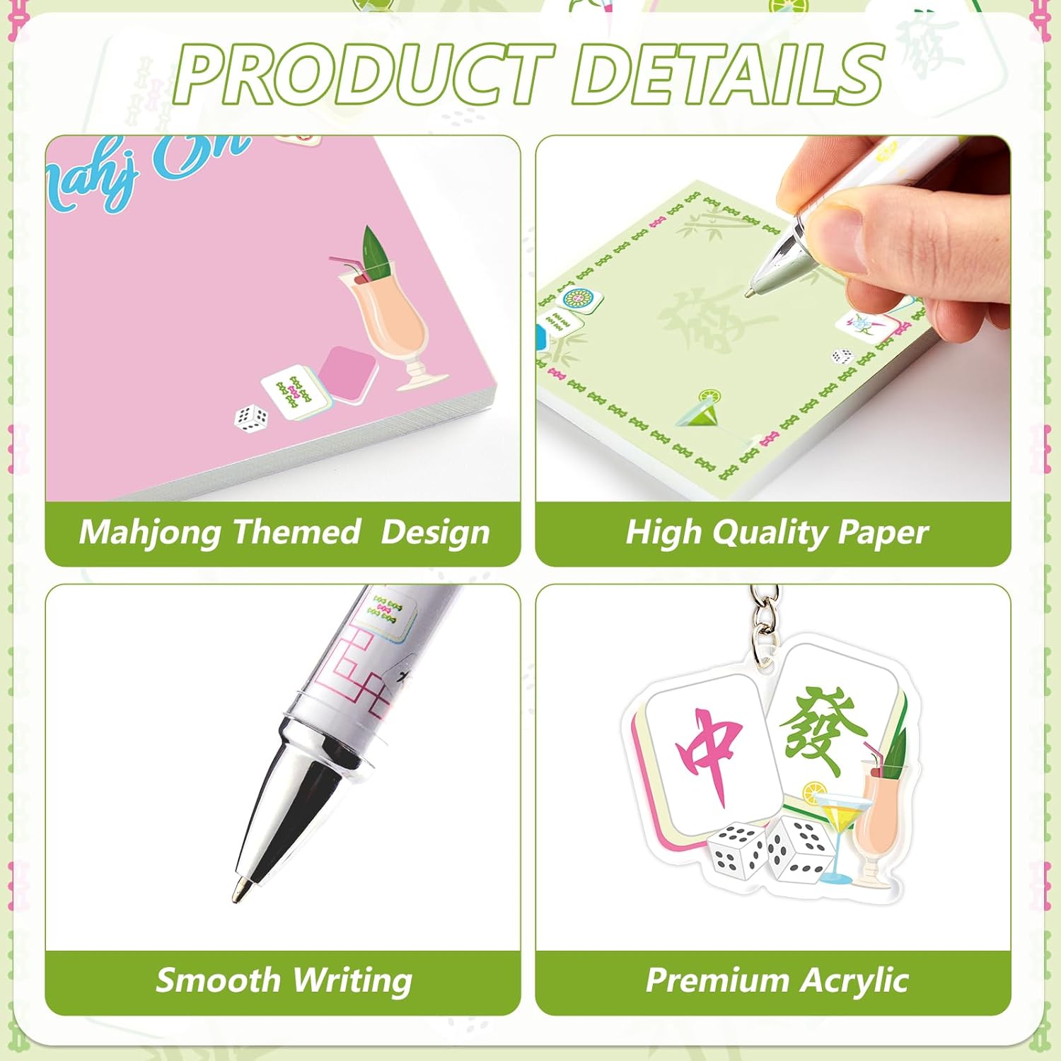 Mahjong Sticky Notes Pads with Ballpoint Pens Keychains Bags Party Favors Gift Set Mahjong Themed Colorful Gifts for Men Women Mah Jong Lovers Office Home Birthday Party Decorations Supplies, 96Pcs