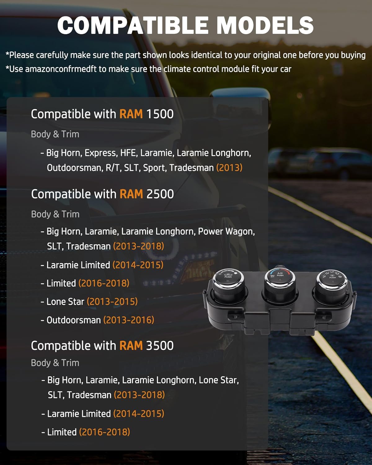 68268189AA A/C Air and Heater Conditioning Control Switch Panel Unit Heat Defrost Replacement for 2013 2014 2015 2016 2017 2018 Ram 1500 2500 3500 Replace# 68105021AF 68105021AC 68226600AA 68236775AB