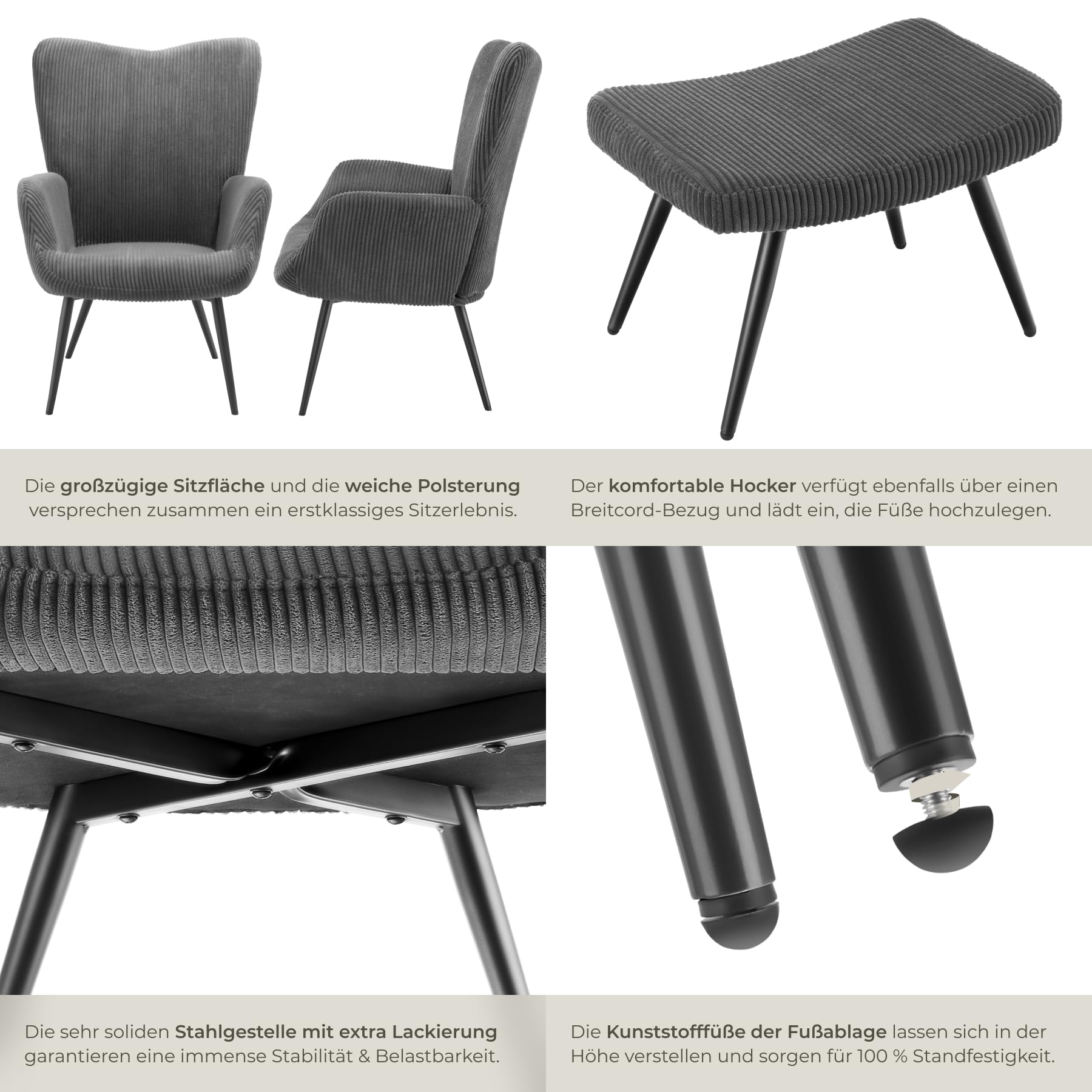 tectake® Skandinavischer Stil Ohrensessel, Sessel Hygge mit Hocker, Breitcordbezug, Sessel Wohnzimmer, Schlafzimmer, Esszimmerstuhl, Statement Loungesessel, belastbar bis 150 kg - anthrazit/schwarz
