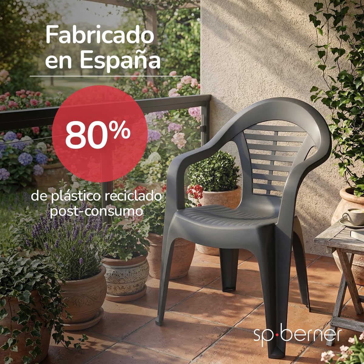 SP Berner SHAF - Pack 6 Sillas de Jardín Apilables - Exterior Terraza y Espacios Comerciales - Plástico Reciclado Resistente UV - Fabricadas en España - Modelo Menorca - Antracita
