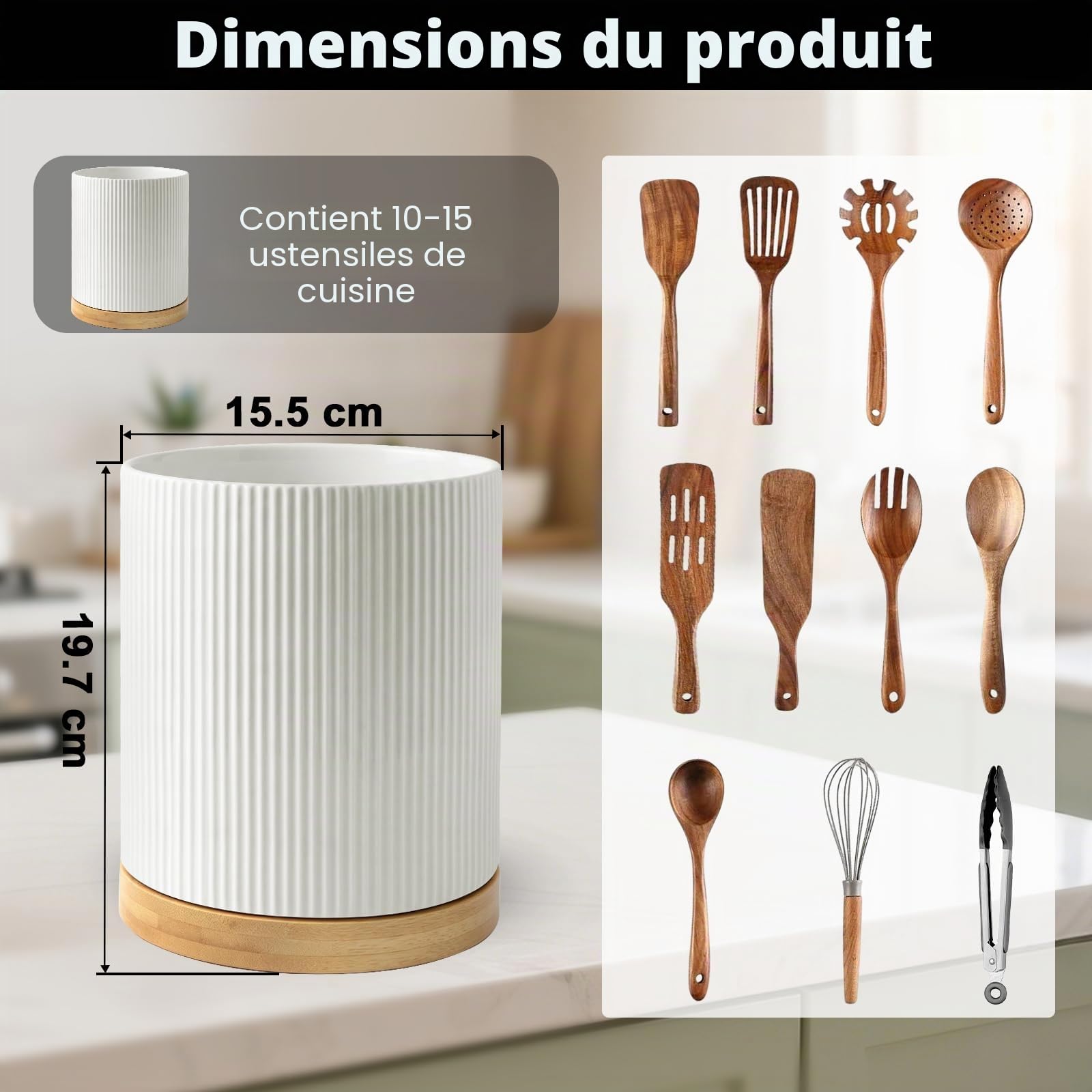 Porte Ustensiles Cuisine en Céramique: Porte-ustensiles en Bois Pivotant à 360°-Facile à Nettoyer Rangement pour ustensiles de Cuisine-Support pour Ustensiles de Cuisine pour Spatules Cuillères
